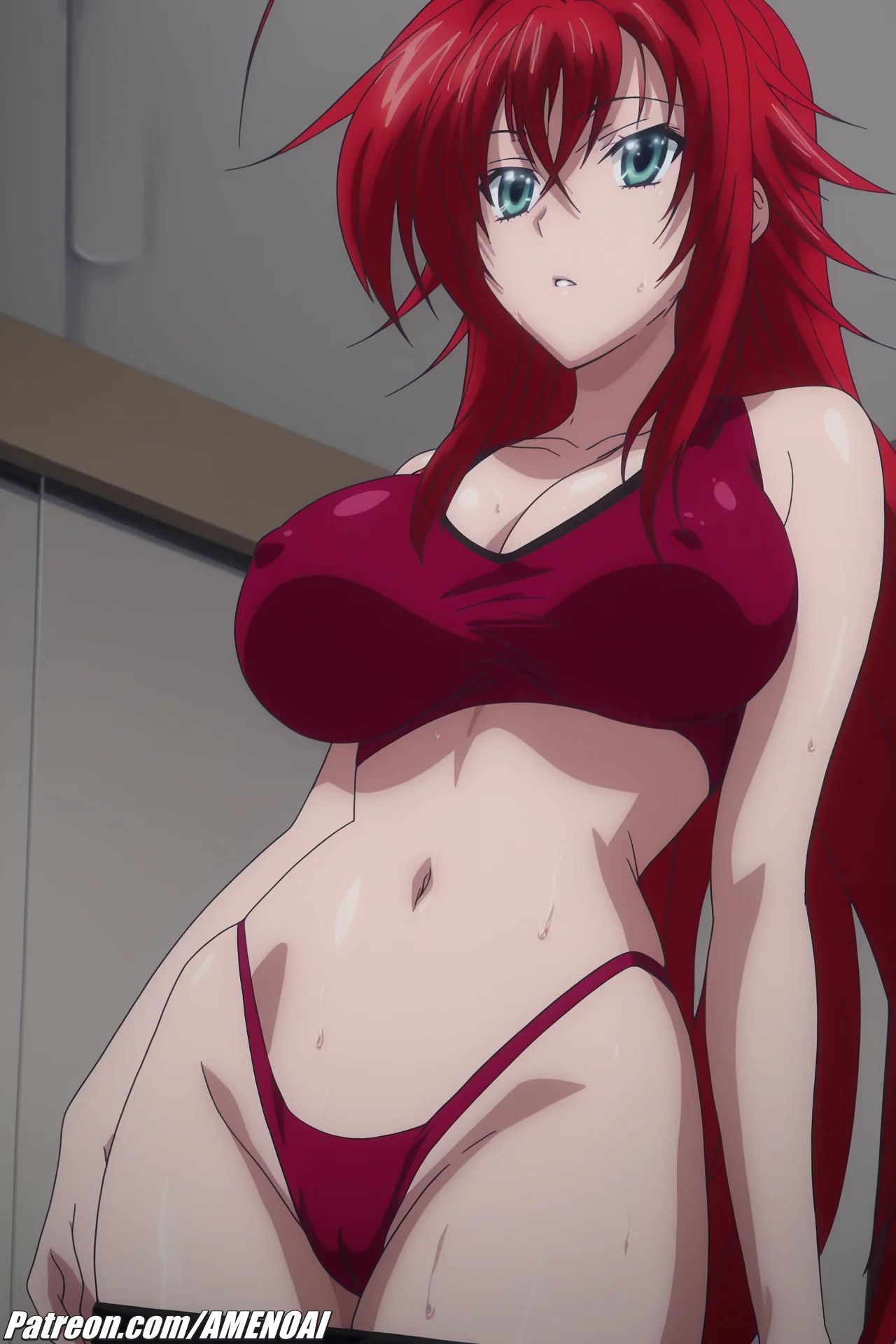 1girl, 1girls, ai, ai generated, amenoai, big ass, big breasts, demon, demon girl, female, female only, green eyes, hi res, high school dxd, huge ass, huge breasts, nipple piercing, nipples, red hair, rias gremory, sports bra, sportswear, thick thighs, thong, uncensored, wide hips