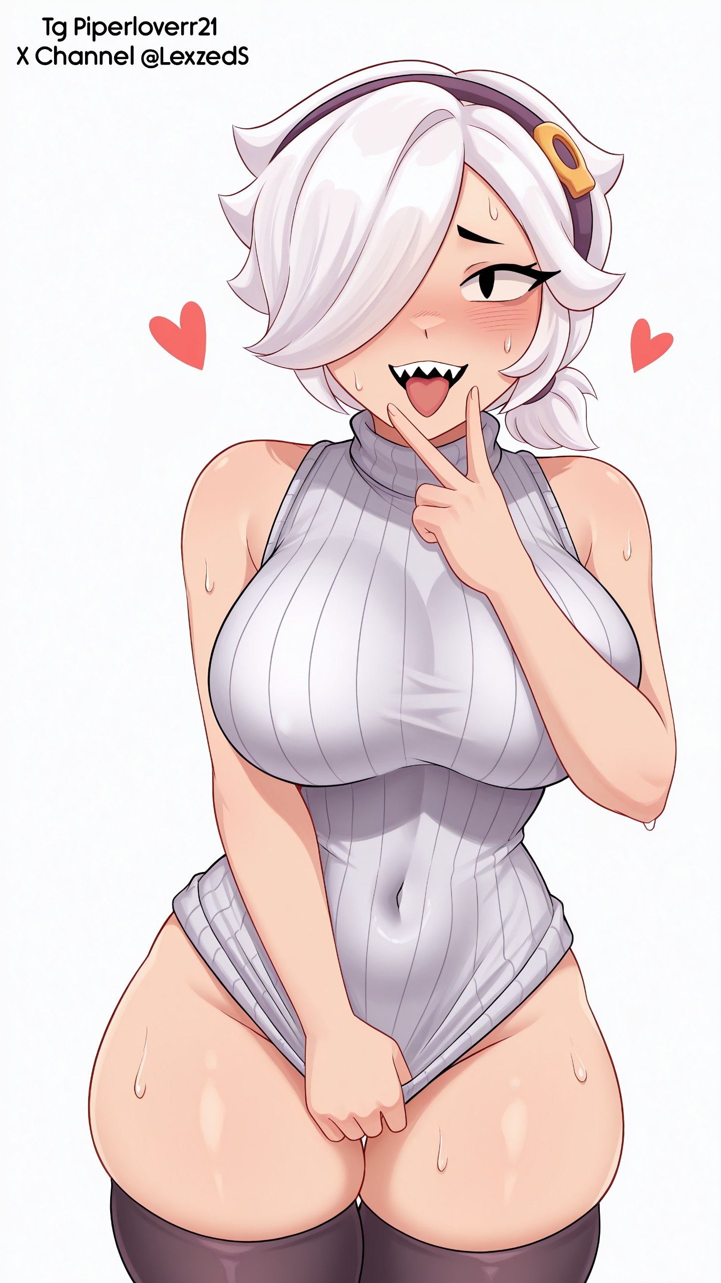 1girls, ai generated, brawl stars, breasts, colette (brawl stars), cunnilingus gesture, looking at viewer, nude