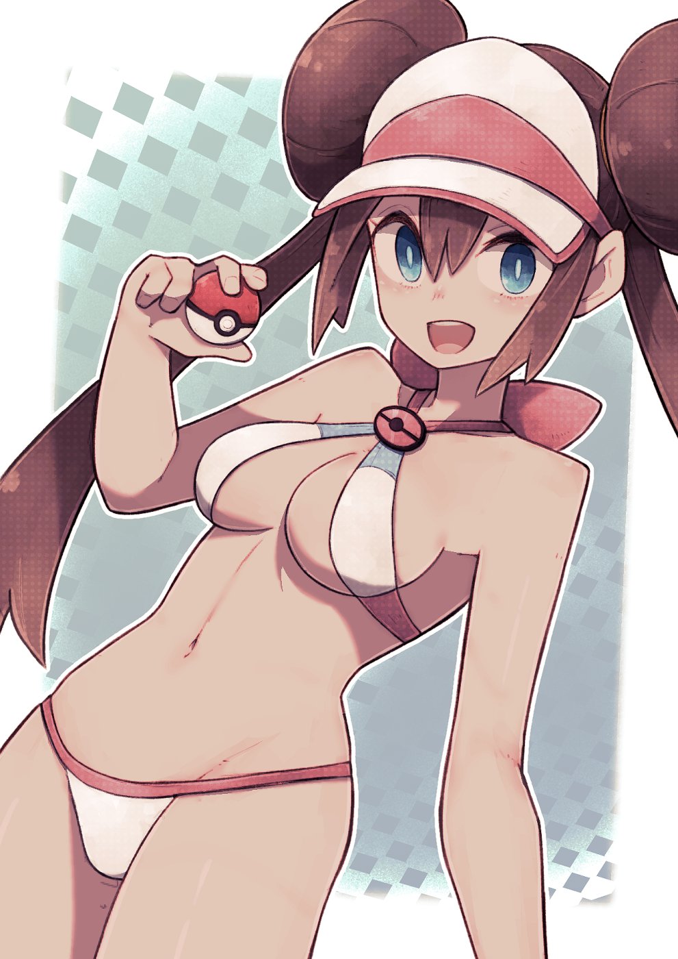 1girls, big breasts, blue eyes, breasts, brown hair, female, female only, hair bun, human, lamb-oic029, large breasts, legs together, light skin, light-skinned female, long hair, nintendo, open mouth, pokeball, pokemon, rosa (pokemon), smile, solo, solo female, solo focus, straight hair, wide hips