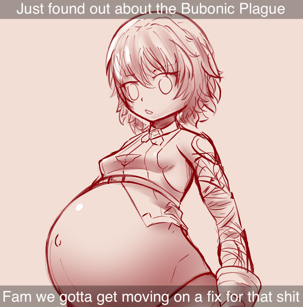 1girls caption clothing english_text huge_belly midriff navel pregnant pregnant_belly procreate profanity ready_to_pop scratcheyback simple_background small_breasts solo tagme upper_body