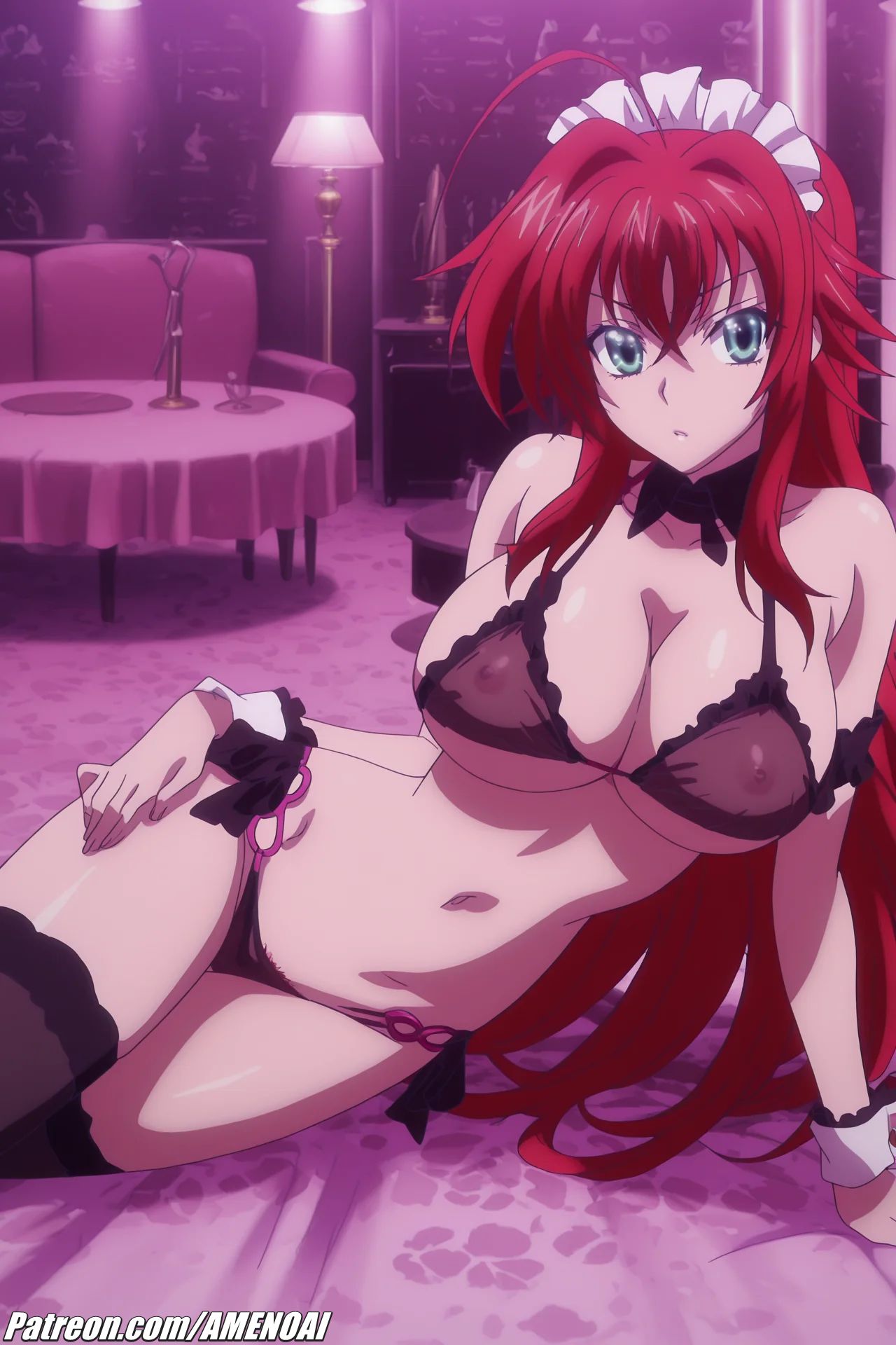 1girl, 1girls, ai, ai generated, amenoai, big ass, big breasts, demon, demon girl, female, female only, green eyes, high school dxd, huge ass, huge breasts, large breasts, maid, maid headdress, nipples, patreon, red hair, rias gremory, thick thighs, uncensored, wide hips