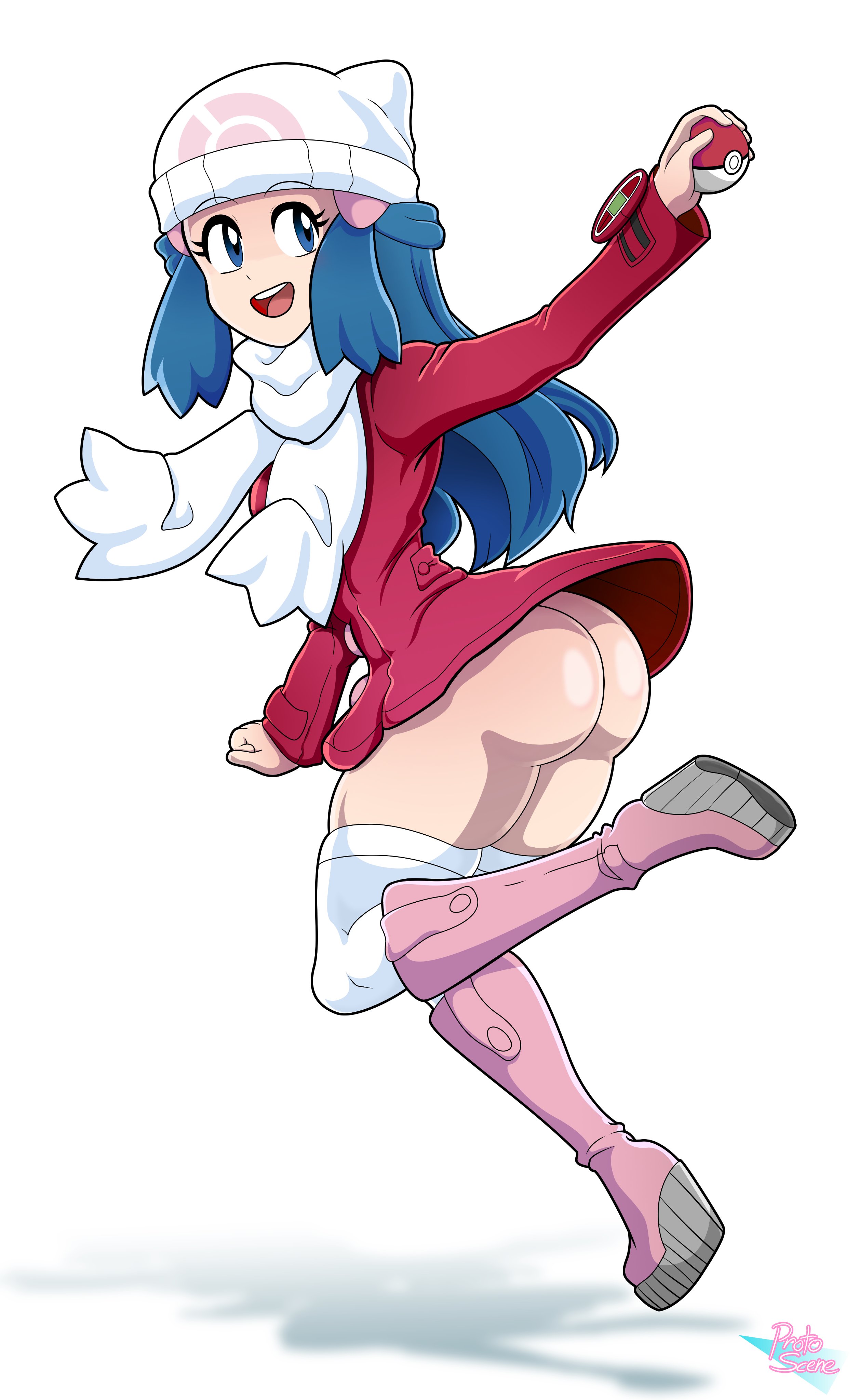 1girls, ass, ass hanging out, big ass, blue eyes, blue hair, boots, bottomless, clothing, dawn (pokemon platinum), dawn (pokemon), female, fully clothed, happy, high heels, human, jpeg, jumping, light skin, light-skinned female, long hair, nintendo, no panties, pale skin, pale-skinned female, platform boots, platform footwear, platform heels, pokeball, pokemon, pokemon dppt, pokemon platinum, protoscene, red coat, red jacket, scarf, skirt, skirt lift, smile, stockings, thick ass, thick thighs, thighhighs, thighs, white background, white legwear, white scarf, white stockings, white thighhighs, winter clothes