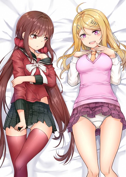 akamatsu kaede, blonde hair, danganronpa, danganronpa v3, dark hair, female, harukawa maki, long twintails, looking at viewer, looking away, multiple females, multiple girls, new danganronpa v3, panties, purple hair, red eyes, straight hair, tsundere