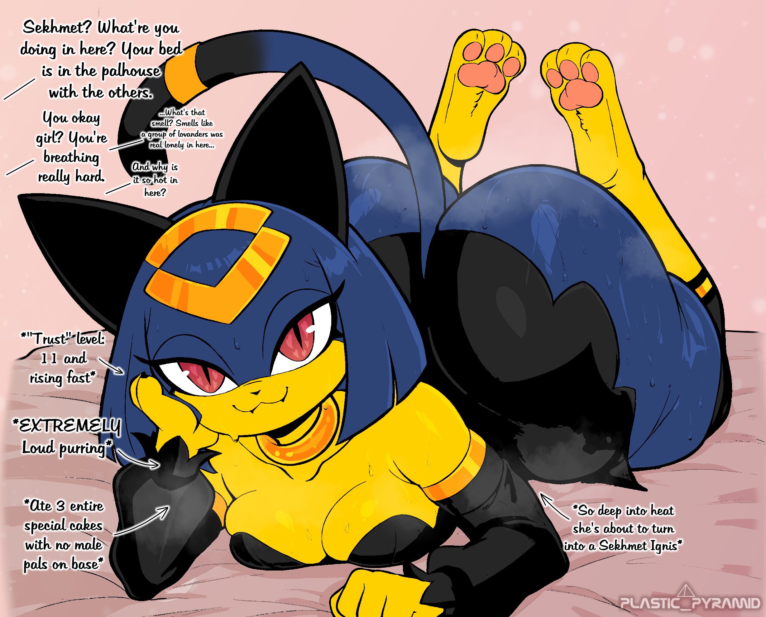 1girls, anthro, anthro only, ass, big ass, big thighs, blue hair, blush, breasts, bubble ass, bubble butt, cat ears, cat girl, cat tail, catgirl, dialogue, dumptruck ass, dumptruck butt, female, gigantic ass, gigantic thighs, heart, huge ass, huge thighs, looking at viewer, medium breasts, pal (species), palworld, plastic pyramid, pocketpair, seductive, seductive eyes, seductive look, seductive smile, sekhmet (pal), short hair, sweat, sweatdrop, sweating, text, thick thighs, thighs