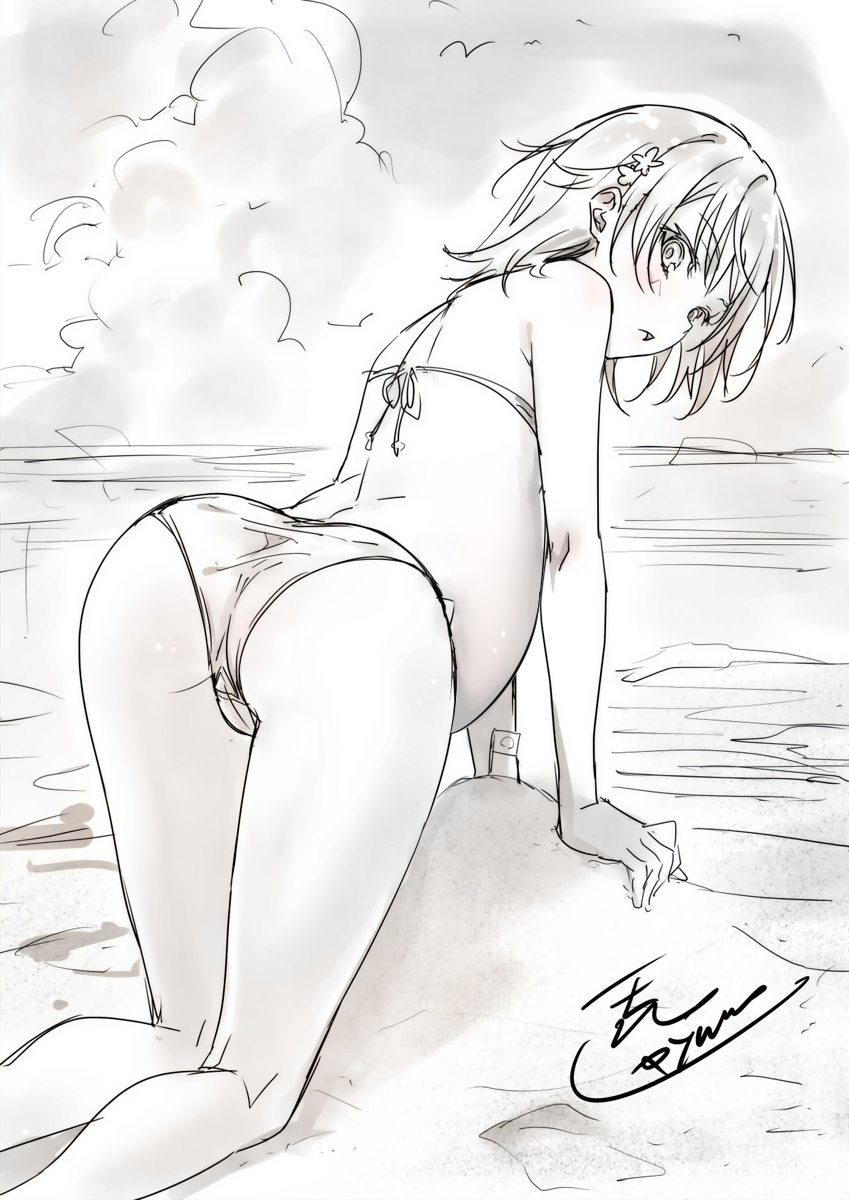 1girls 2019 all_fours ass bare_thighs beach bent_over bikini female isshi_pyuma looking_back misaka_mikoto pregnant short_hair signature solo solo_female swimsuit teenage_girl teenager thighs third-party_edit to_aru_kagaku_no_railgun to_aru_majutsu_no_index young