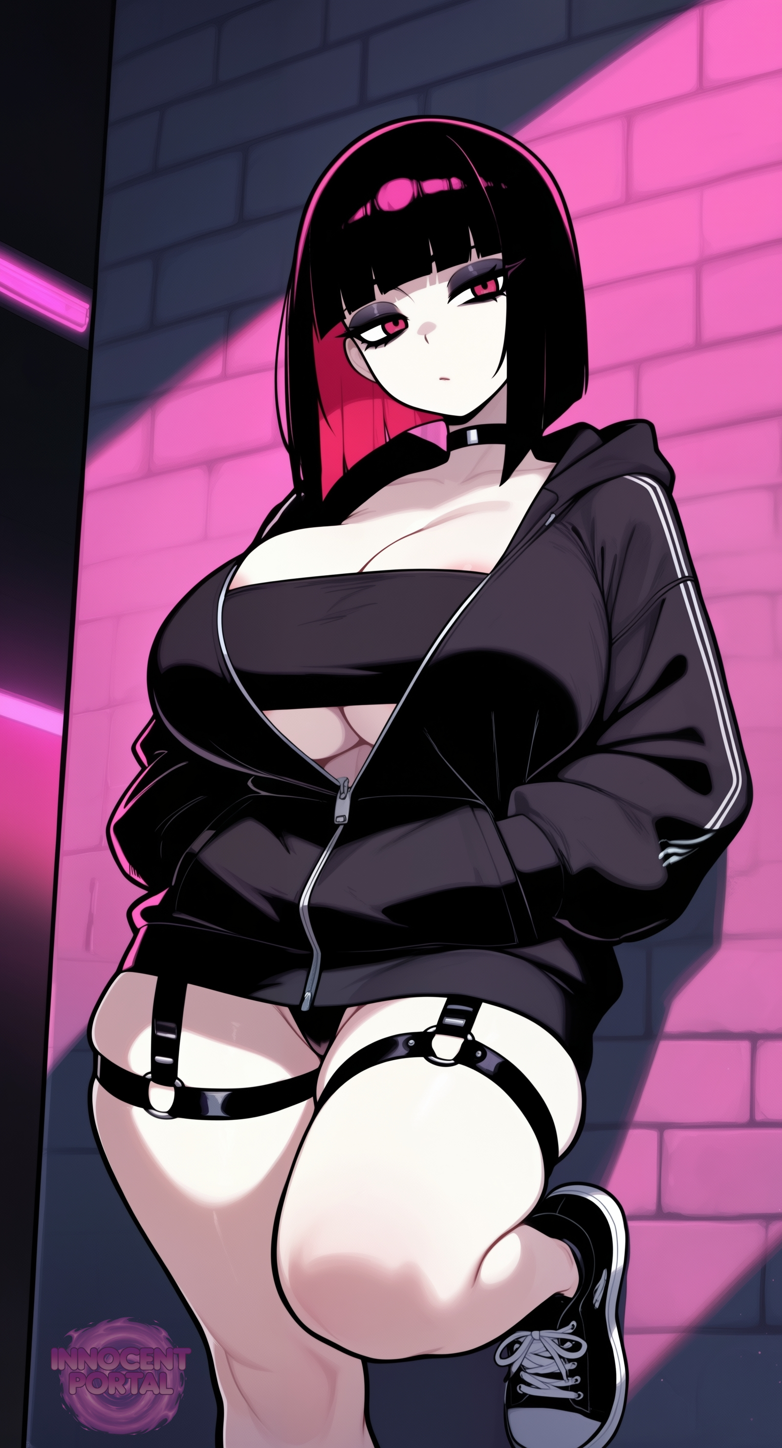 1girl, against wall, ai generated, areola slip, black jacket, black panties, black tube top, breasts, choker, cleavage, dark hair, female, female focus, female only, garter, garter straps, goth, goth girl, goth makeup, gothic, gothic girl, huge breasts, jacket, jacket only, jacket open, jorgecarlosai, looking at viewer, makeup, medium hair, panties, red eyes, serious, sexy, sexy body, shoes, thighs, tube top, tubetop, underboob, watermark