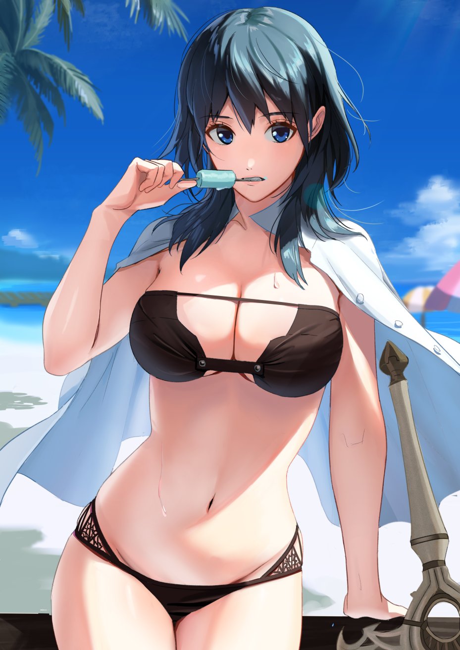 1girls, beach, belly, bikini, black bikini, black swimsuit, blue eyes, breasts, byleth (fire emblem), byleth (fire emblem) (female), cleavage, eating, female, fire emblem, fire emblem: three houses, large breasts, looking at viewer, midriff, mueririko, nintendo, popsicle, sea, seaside, solo, sweat, swimsuit, sword, teal hair, umbrella, water