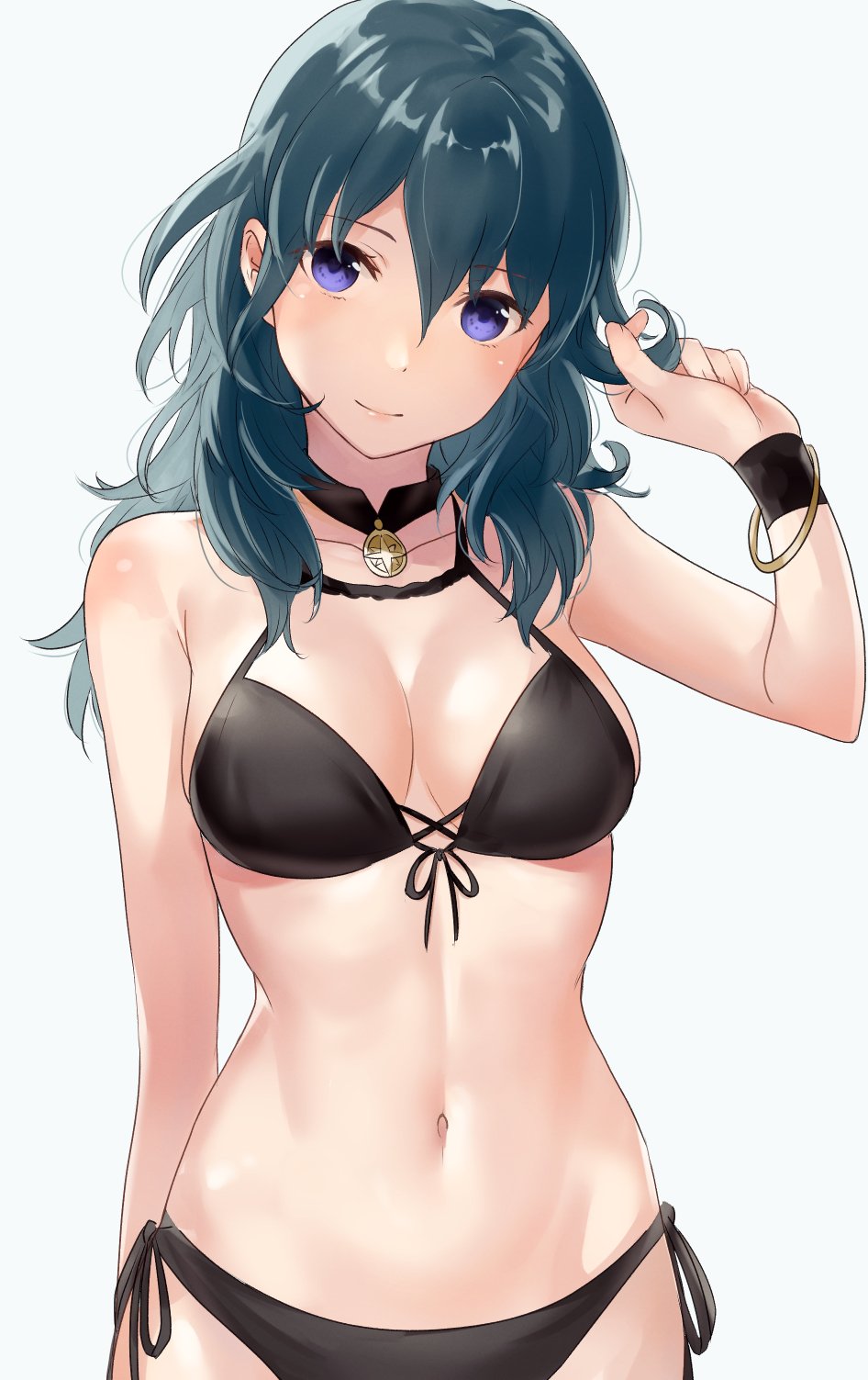 1girls bare_arms bare_midriff bare_shoulders belly big_breasts bikini black_bikini black_choker black_swimsuit blue_background blue_hair blush blushing bracelet breasts byleth_(fire_emblem) byleth_(fire_emblem)_(female) choker cleavage close-up cowboy_shot curvy cute eyebrows_visible_through_hair female female_only female_protagonist fire_emblem fire_emblem:_three_houses fit fit_female front-tie_bikini front-tie_top front_view hair_between_eyes hand_in_hair hand_up happy haru_(nakajou-28) head_tilt highres hips holding holding_hair human human_only jewelry large_breasts light-skinned_female light_skin long_hair looking_at_viewer medallion midriff navel nintendo playing_with_hair playing_with_own_hair purple_eyes side-tie_bikini side-tie_bottom sideboob simple_background smile smiling_at_viewer solo stomach stomach_bulge swimsuit tease teasing wholesome wristband