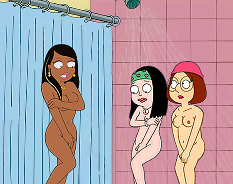 3girls american_dad breasts crossover dark-skinned_female dark_skin duchess_(artist) earrings family_guy female female_only glasses hayley_smith headband hippie meg_griffin multiple_girls necklace nude nude_female roberta_tubbs shower the_cleveland_show young yuri