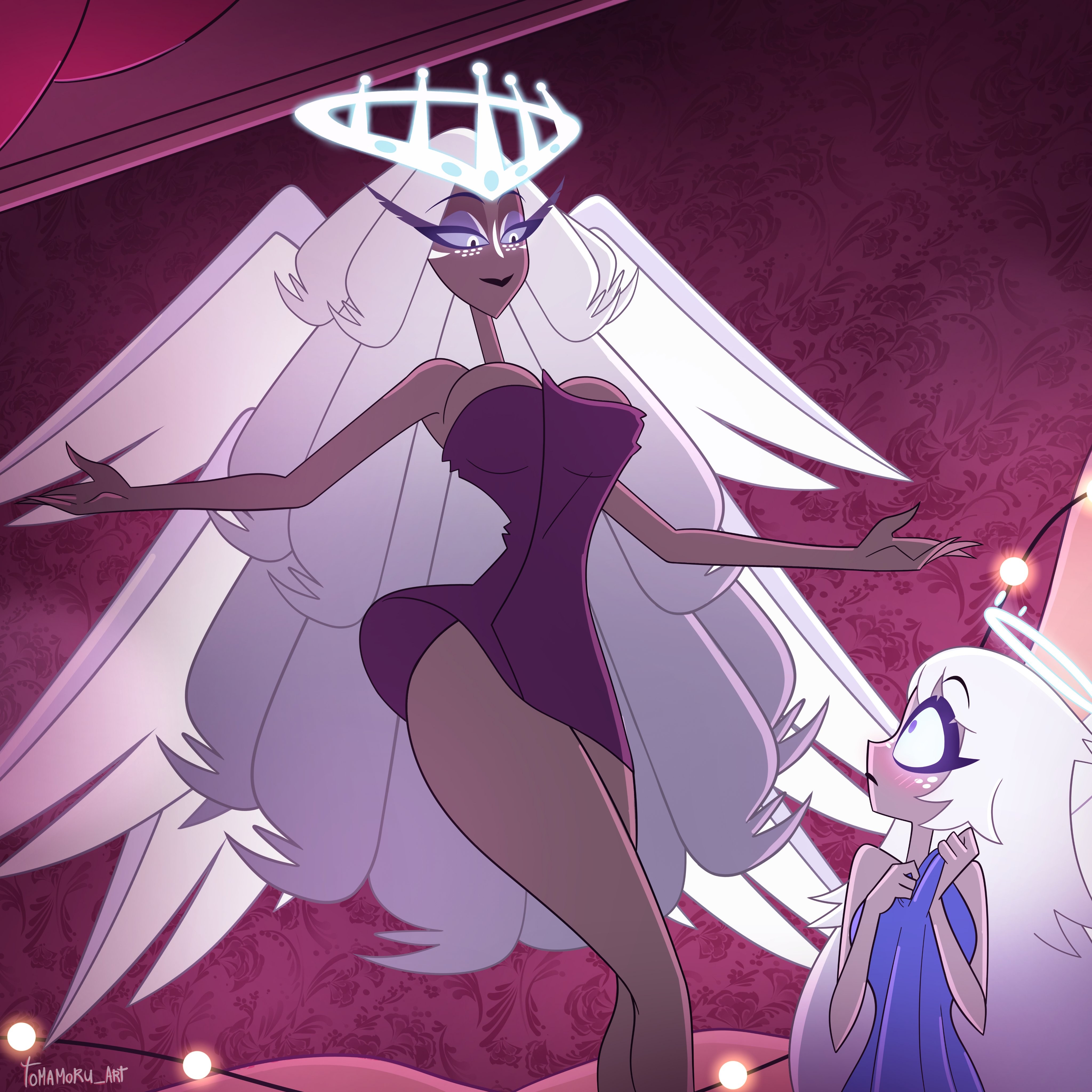 2angels, 2girls, amazon prime, angel, angel girl, angel girls, angel wings, angels, bed, bedroom, breasts, crown, emily (hazbin hotel), grey body, halo, hazbin hotel, hazbin hotel (season 2), hellaverse, huge breasts, incest, lesbian, sera (hazbin hotel), seraphim, seraphim angel, siblings, sisters, thick thighs, tits, vivienne medrano, vivziepop, wings, yuri