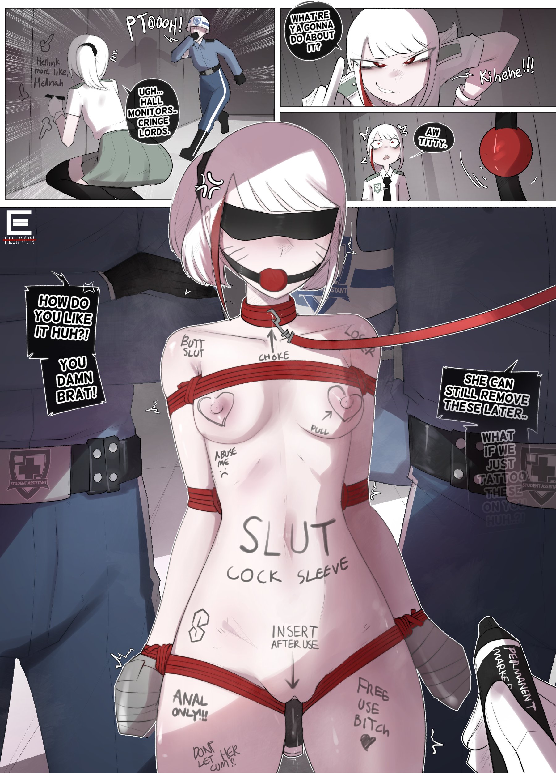 1girls, 2d, alternate version available, anal only, annoyed, areolae, bdsm, blindfold, blindfolded, blindfolded female, body writing, bondage, bondage gear, bound arms, bound torso, bound wrists, bratty, bratty correction, breasts, breasts apart, buttslut, captured, captured female, clothed, clothed female, clothed male, collar, comic, cool s, delinquent, dildo, dildo in pussy, dildo insertion, elsimain, female, female focus, femsub, free use, front view, gag, gagged, gagged female, hi res, human, human female, human male, instant loss 2koma, iori (elsimain), leash, leash and collar, leash pull, maledom, marker, middle finger, nipples, nonconsensual, orgasm denial, original, pale skin, pale-skinned female, pale-skinned male, permanent, red eyes, red eyes female, red highlights, rope, rope bondage, school uniform, sex toy, short hair, short-haired female, slutty female, small breasts, stripped, stripped naked, taped hands, uniform, uniform female, uniformed male, vagina, vaginal, vaginal insertion, whisker markings, white hair, white-haired female