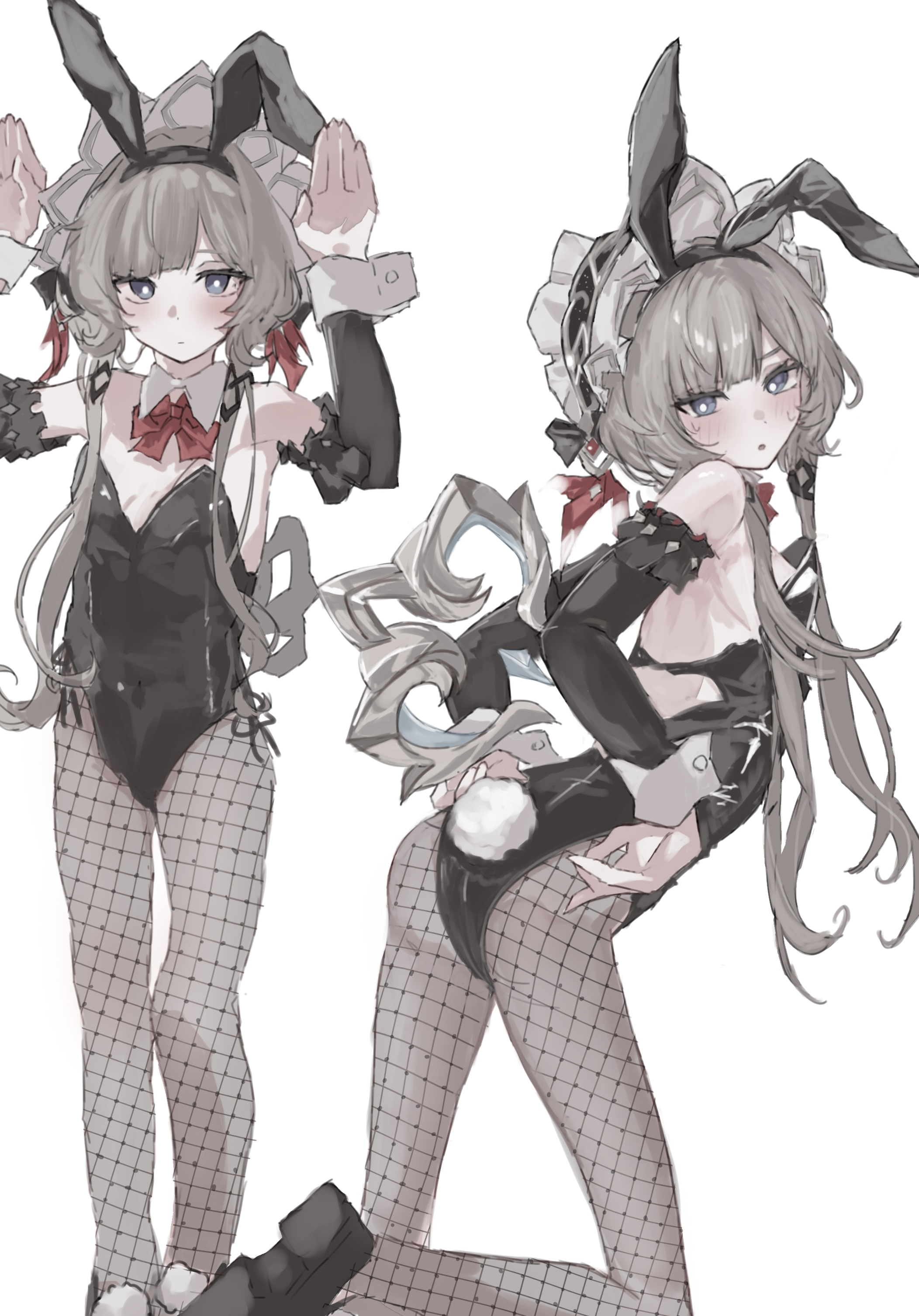 1girl, 1girls, absurd res, animal ears, artist request, ass, blush, bow, bowtie, detached collar, fishnets, genshin impact, grey eyes, hairband, highres, leotard, looking at viewer, pantyhose, red bow, sandrone (genshin impact), simple background, strapless, tail, twintails, white background