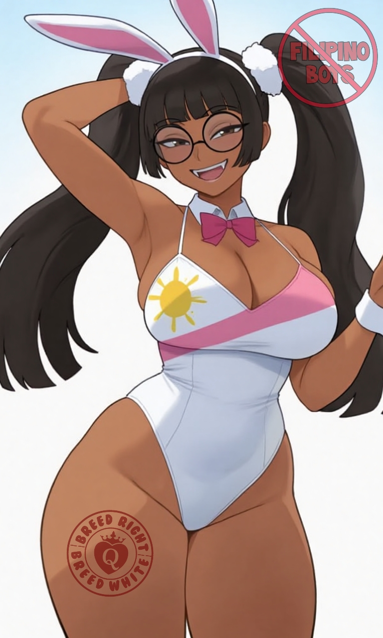 ai generated, asian female, black hair, bleached, bunny girl, bunnysuit, filipina, filipino female, glasses, naked, original, race fetishism, race queen, raceplay, red tattoo, soykio girl, tan body, tan skin, tattoo, twintails, voluptuous female