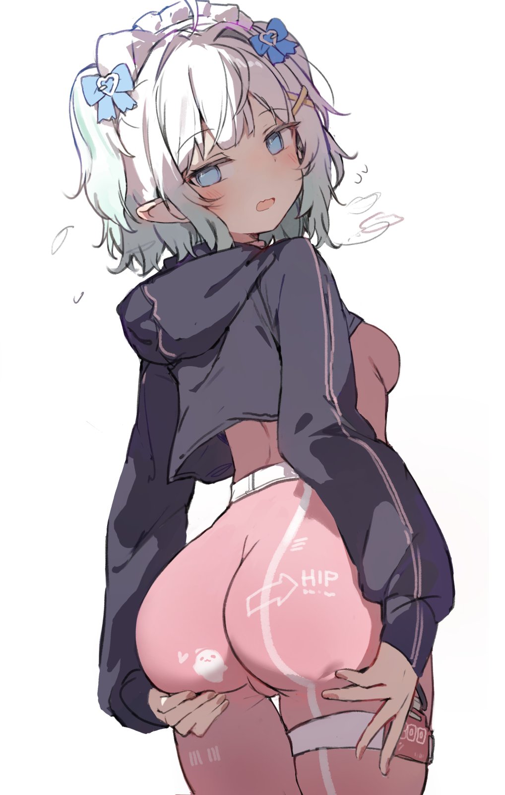 1girl, 1girls, alternate costume, ass, belt, blue bow, blush, bodysuit, bow, densetsu.exe, hair bow, highres, hood, hood down, jacket, long sleeves, looking at viewer, looking away, looking back, maid headdress, mint fantome, open mouth, orobou, pink bodysuit, pointy ears, simple background, small breasts, solid eyes, virtual youtuber, white background, white belt, white hair