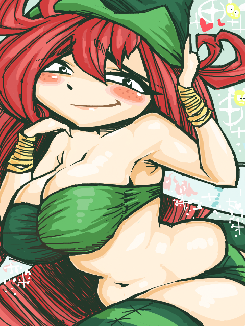 armpits betilla_(rayman) blush breasts cleavage fairy female female_focus green_headwear hat long_hair midriff navel nymph_(rayman) plump rayman_(series) rayman_origins red_hair smile solo tobato_the_dog tobatoinu tube_top