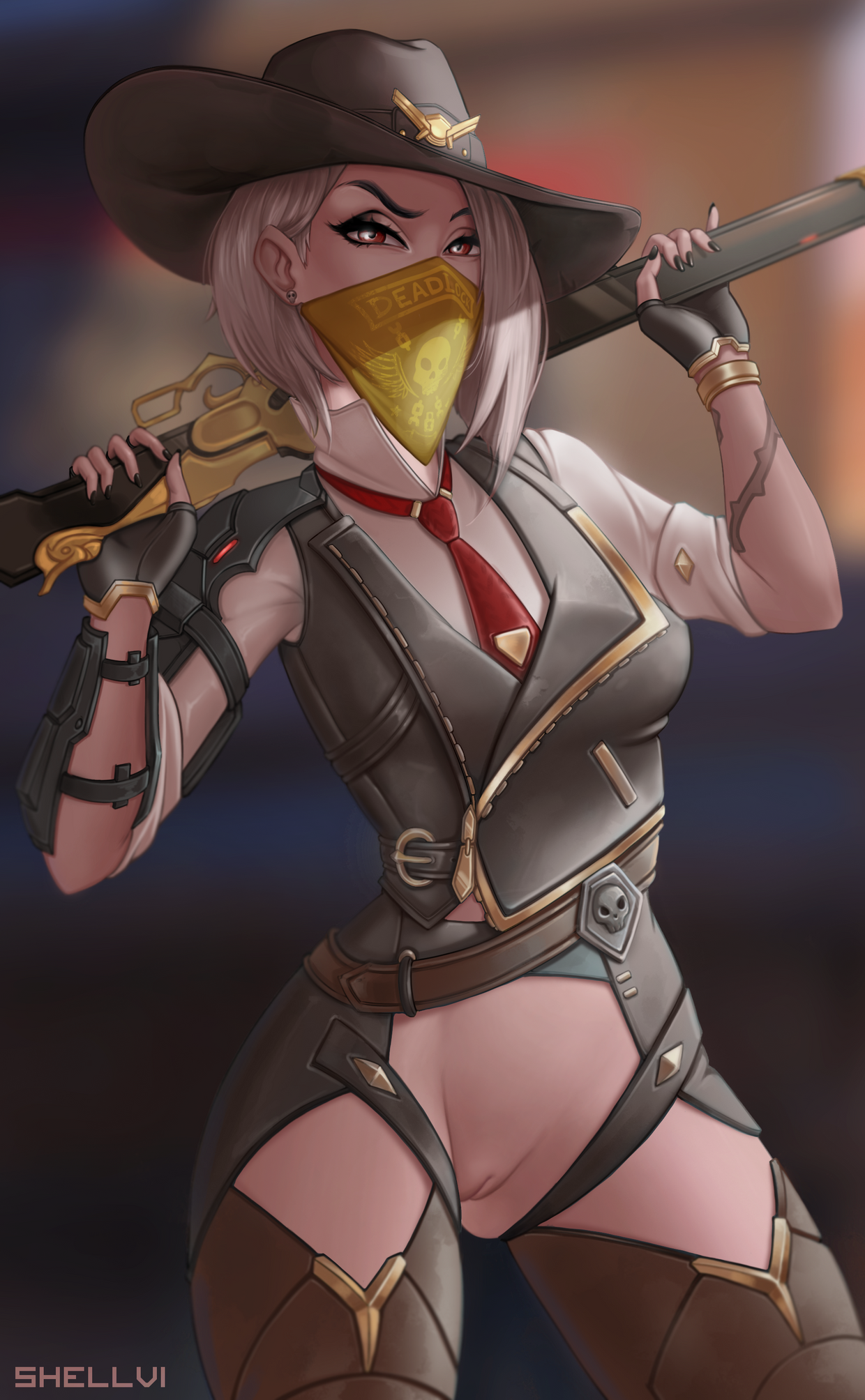 1girls, 2d, ashe (overwatch), blizzard entertainment, casual exposure, cow girl, cowboy hat, cowgirl hat, female, female only, gun, half nude, mask, mostly clothed, overwatch, pussy, shellvi, shotgun, showing off, showing pussy, tattoo, vagina, weapon, white hair