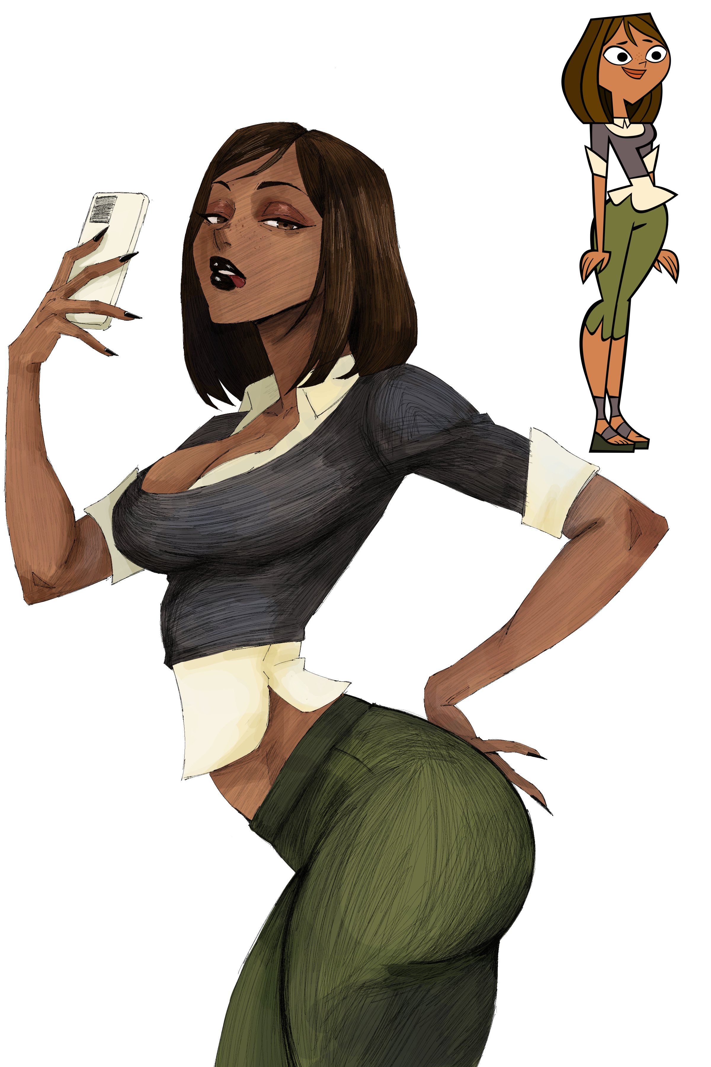 1girls, big ass, big breasts, brown hair, cartoon network, courtney (tdi), dark skin, dark-skinned female, doodle, female, female focus, female only, green pants, hex mamaniac, long fingernails, pants, phone, reference image, shirt, short hair, sketch, smartphone, solo, solo female, tagme, total drama island, voluptuous, voluptuous female, white background