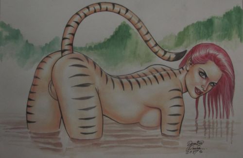 all_fours arched_back ass_up bent_over drawn looking_at_viewer marvel nude_female outdoors presenting pussy red_hair red_lips sideboob standing_in_water tiger_tail tigra vmiferrari water wide_hips