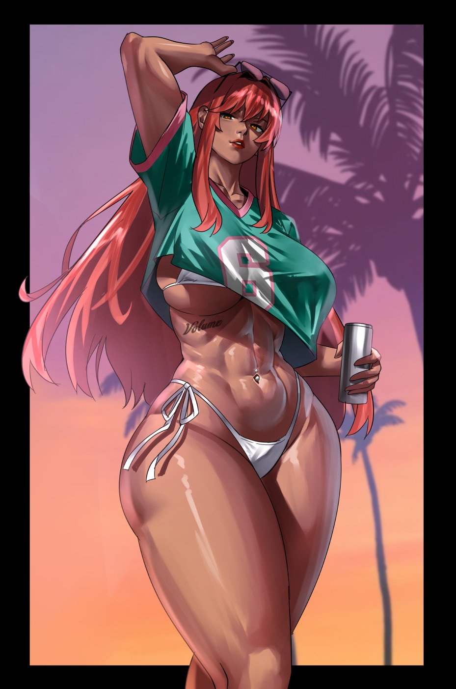 1girl, 1girls, abs, adjusting eyewear, aqua shirt, big breasts, bikini, bikini top under shirt, bikini under clothes, breasts, can, cleavage, cosplay, cover bikini girl (gta vi), cover bikini girl (gta vi) (cosplay), crop top, crop top overhang, cropped shirt, dark skin, dark-skinned female, drink can, eyewear lift, eyewear on head, female, female only, goddess of victory: nikke, grand theft auto, grand theft auto vi, gta vi cover girl, gta vi cover girl (cosplay), highres, holding, holding beverage, holding can, holding object, huge breasts, jacket, jersey, jewelry, large breasts, long hair, looking at viewer, midriff, navel, o-ring bikini bottom, palm tree, pose imitation, red hair, shirt, solo, sunglasses, sunglasses on head, swimsuit, thick thighs, thighs bigger than head, underboob, volume (nikke), white bikini, yellow eyes, zinfian