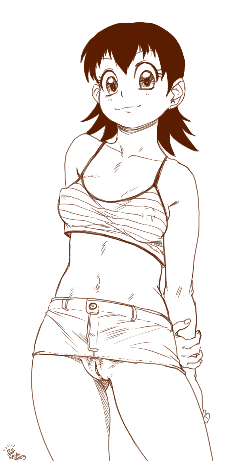 1girl, azumanga daiou, blush, breasts, closed mouth, collarbone, covered erect nipples, highres, inactive account, lineart, looking at viewer, microskirt, midriff, monochrome, navel, no bra, no panties, pubes, pubic hair, pussy, short hair, skirt, small breasts, smile, solo, spidu, tomo takino