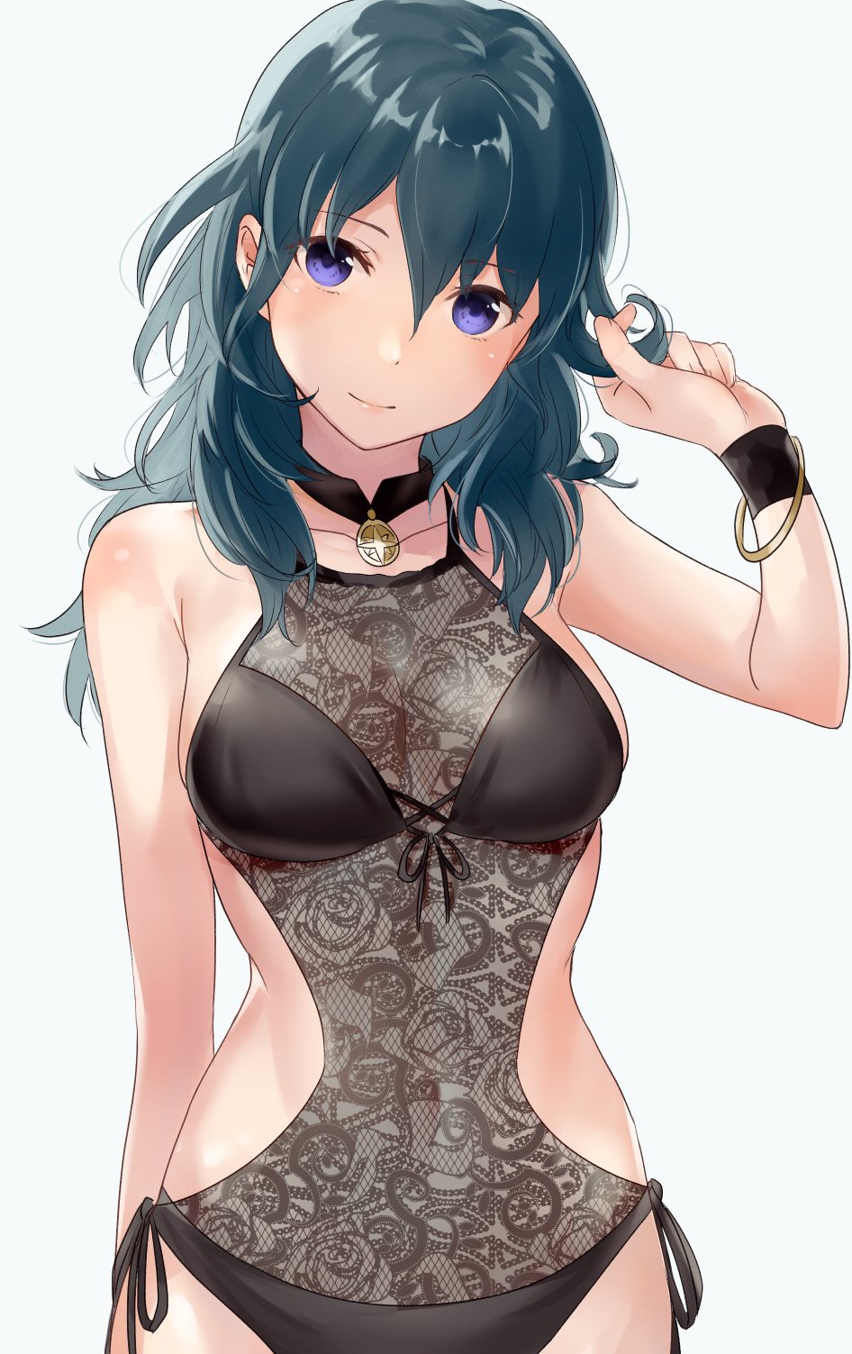 1girls, adapted costume, alternate costume, bikini, black bikini, black choker, black swimsuit, blue background, blue hair, blush, bracelet, breasts, byleth (fire emblem), byleth (fire emblem) (female), choker, commentary request, covered navel, cowboy shot, eyebrows visible through hair, female, female only, female protagonist, fire emblem, fire emblem: three houses, hair between eyes, haru (nakajou-28), head tilt, highres, holding, holding hair, jewelry, large breasts, long hair, looking at viewer, medallion, medium breasts, nintendo, purple eyes, side-tie bikini, simple background, smile, solo, swimsuit, wristband