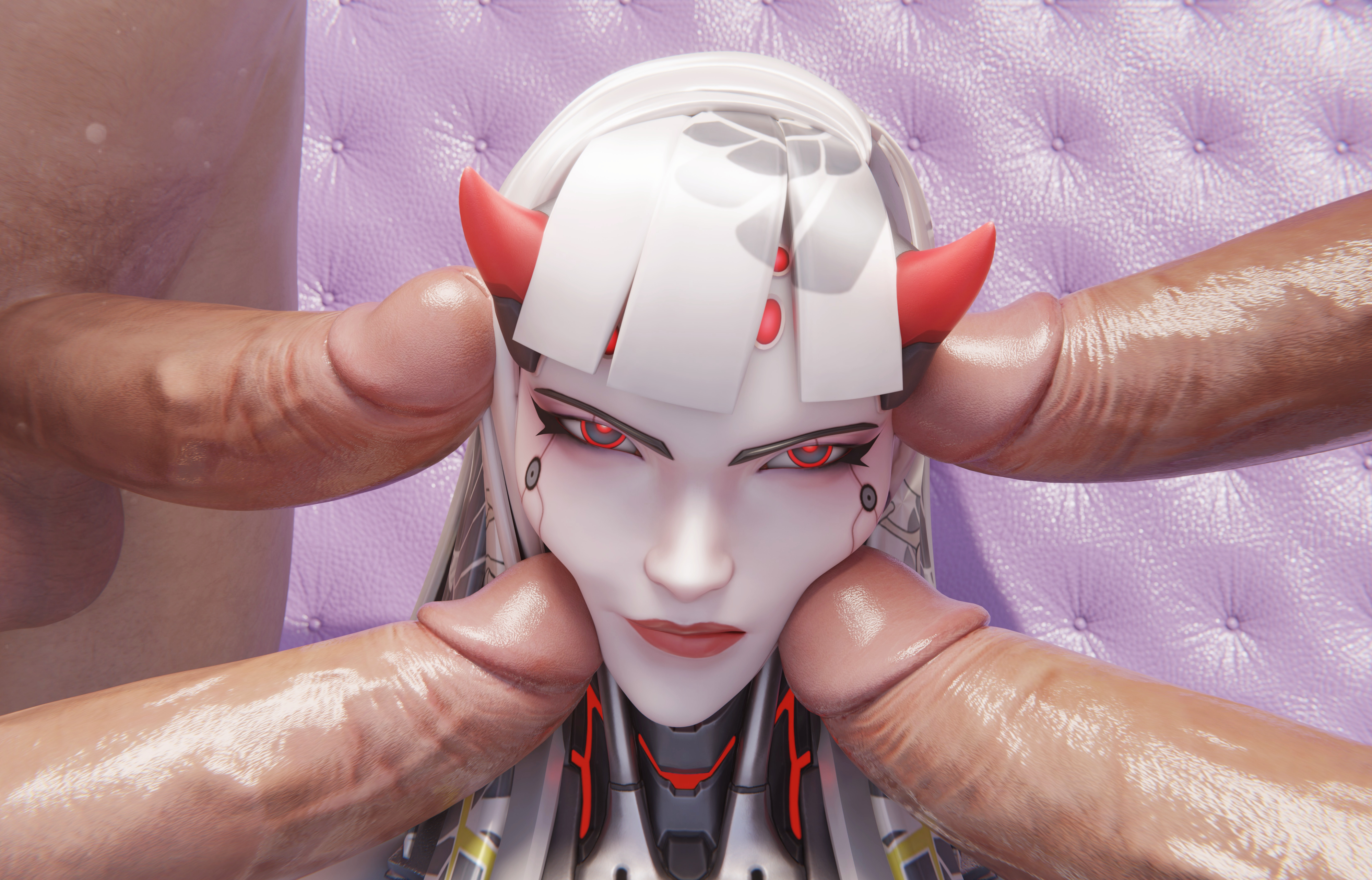 3d, 3d (artwork), 4 penises, annoyed, cock, cock against cheek, gretdb, light skin, meme, multiple boys, multiple penises, overwatch, overwatch 2, penis on face, redline surrounded by guns (meme), robot, robot girl, shion (overwatch), spine (game), surrounded by penises, tagme, white skin
