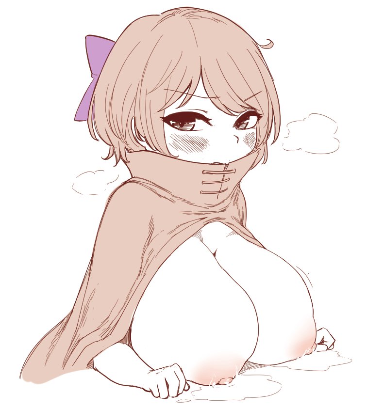 1girl, 1girls, almost naked, areola, areolae, bad id, bad twitter id, big breasts, blush, blush lines, blushing, blushing at viewer, bow, bowtie, breast milk, breast rest, breasts, burunpuku, cape, cape only, cleavage, cloak, cloak only, hair bow, hair ribbon, half naked, half nude, half-dressed, huge breasts, lactating, lactation, large breasts, looking at viewer, milk, milk leaking, muted color, naked cloak, nipples, plump breasts, puffy areola, red eyes, red hair, ribbon, sekibanki, short hair, simple background, simple shading, soles, solo, solo female, solo focus, steam, steamy breath, touhou, upper body, upper body focus, upper body only, white background