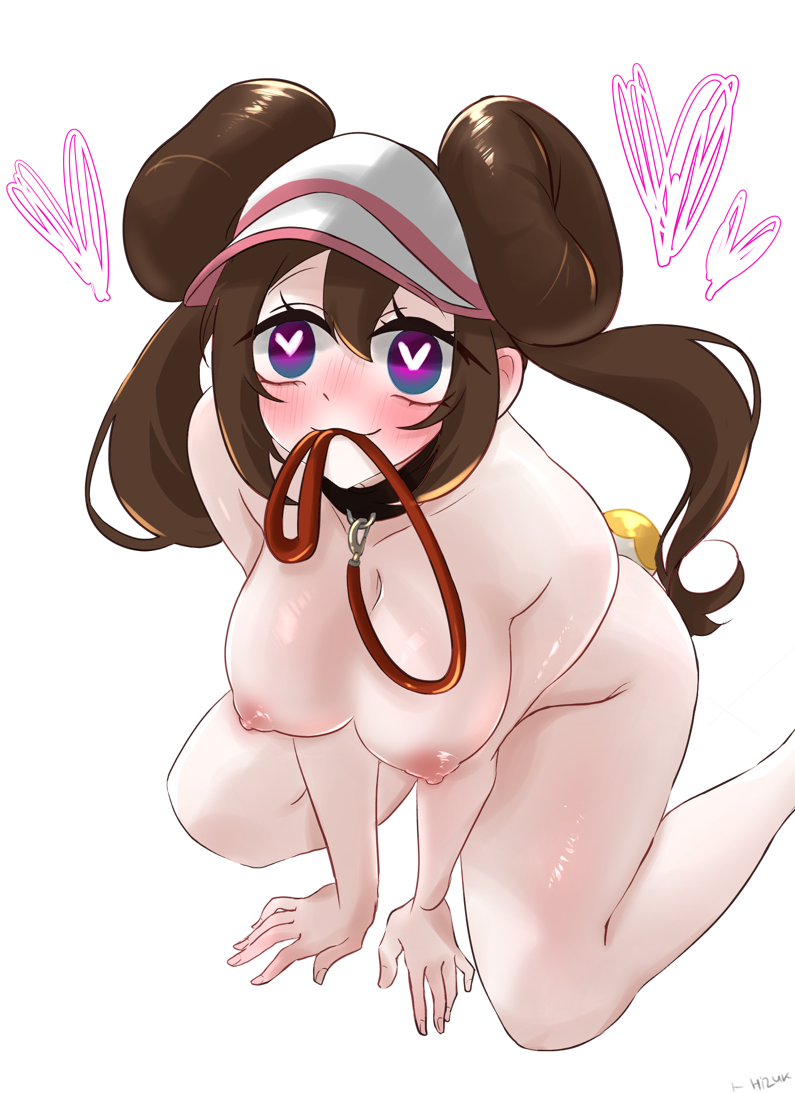 1girls, artist request, begging, bitch taken for walk, blush, brown hair, cap, collar, collar only, dog girl, female, female only, femsub, hairbuns, heart-shaped pupils, holding object, holding object in mouth, hypnosis, hypnotic eyes, hypnotized, kneeling, leash, leash and collar, mental transformation, mind control, nintendo, nude, nude female, on all fours, petplay, pokemon, pokemon bw2, puppyplay, rosa (pokemon), submissive, submissive female, tail plug, teenage girl, walkies, white background