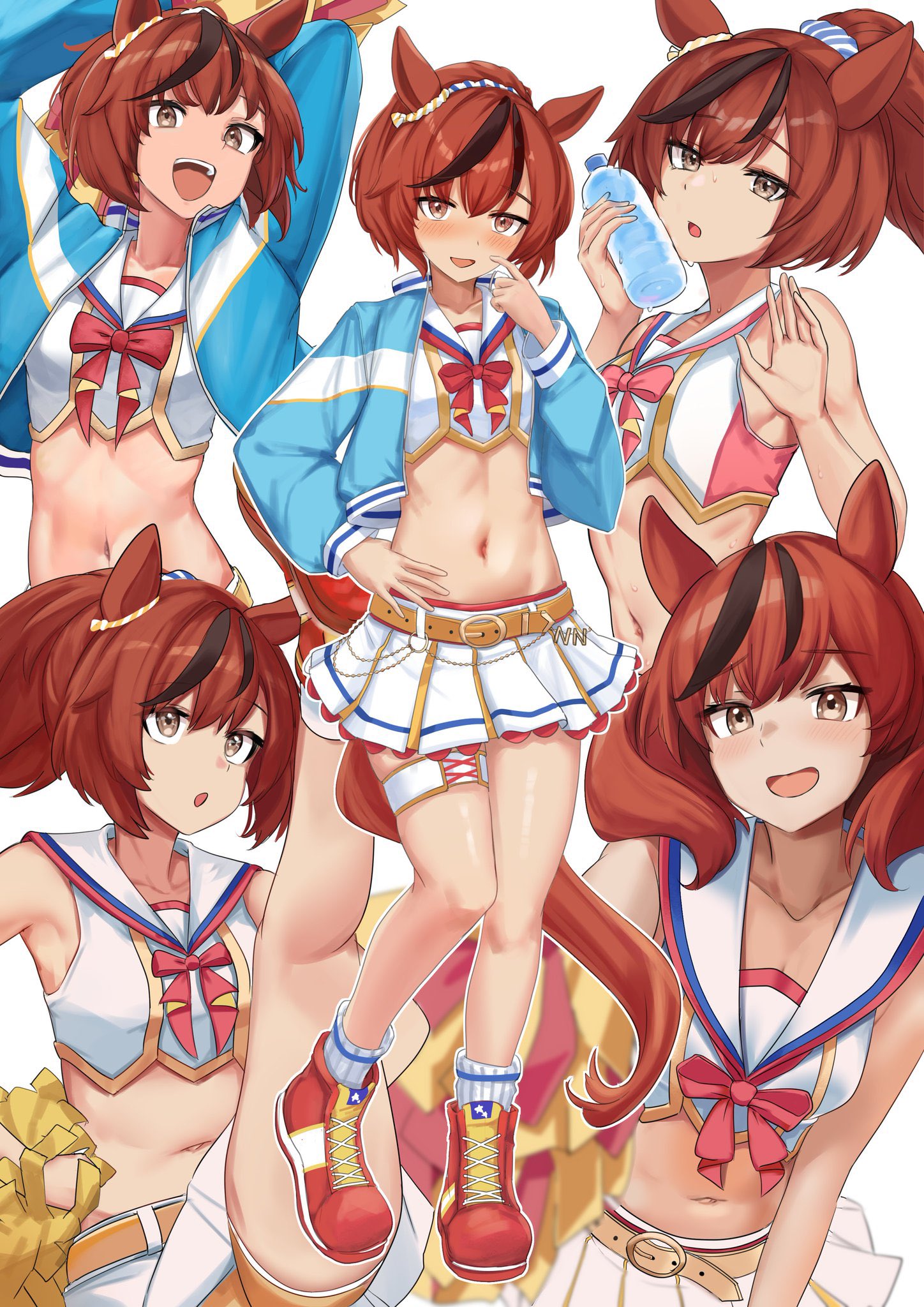 1girls, 2025, armpits, belly button, belt, blue jacket, cheerleader, cheerleader outfit, female, grey eyes, highres, horse ears, horse girl, horse tail, legband, looking at viewer, multiple angles, navel, nice nature (run&win) (umamusume), nice nature (umamusume), original, pom pom (cheerleading), red bowtie, red hair, red shoes, short skirt, smile, sweat, sweatdrop, twitter, umamusume, umamusume pretty derby, water bottle, white background, white skirt, white socks