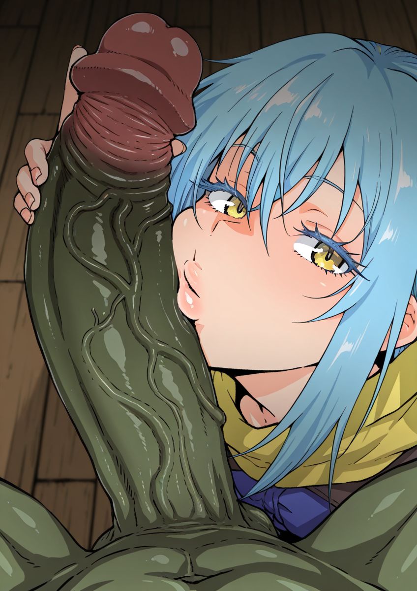 1femboy, 1girls, ai generated, blue eyelashes, blue hair, femboy, goblin, goblin male, green penis, handjob, light skin, long hair, looking at viewer, orc, orc male, rimuru tempest, seductive, seductive look, shiny, shiny skin, solo female, tensei shitara slime datta ken, yellow eyes