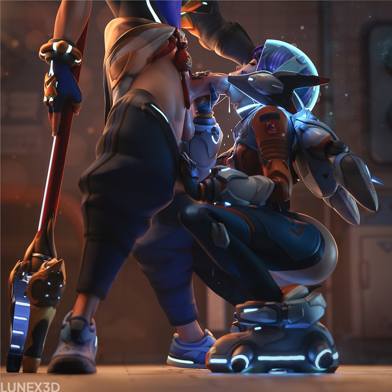 1boy, 1girls, 3d, 3d (artwork), ass, balls, big ass, big balls, big penis, blowjob, clothed, clothed sex, fellatio, female, huge balls, huge penis, juno (overwatch), kneeling, kneeling female, kneeling oral position, lunex3d, male, oral, oral sex, overwatch, overwatch 2, pants, pants pull, pants pulled down, penis, penis in mouth, saliva, saliva trail, standing male, tagme, thick cock, wuyang