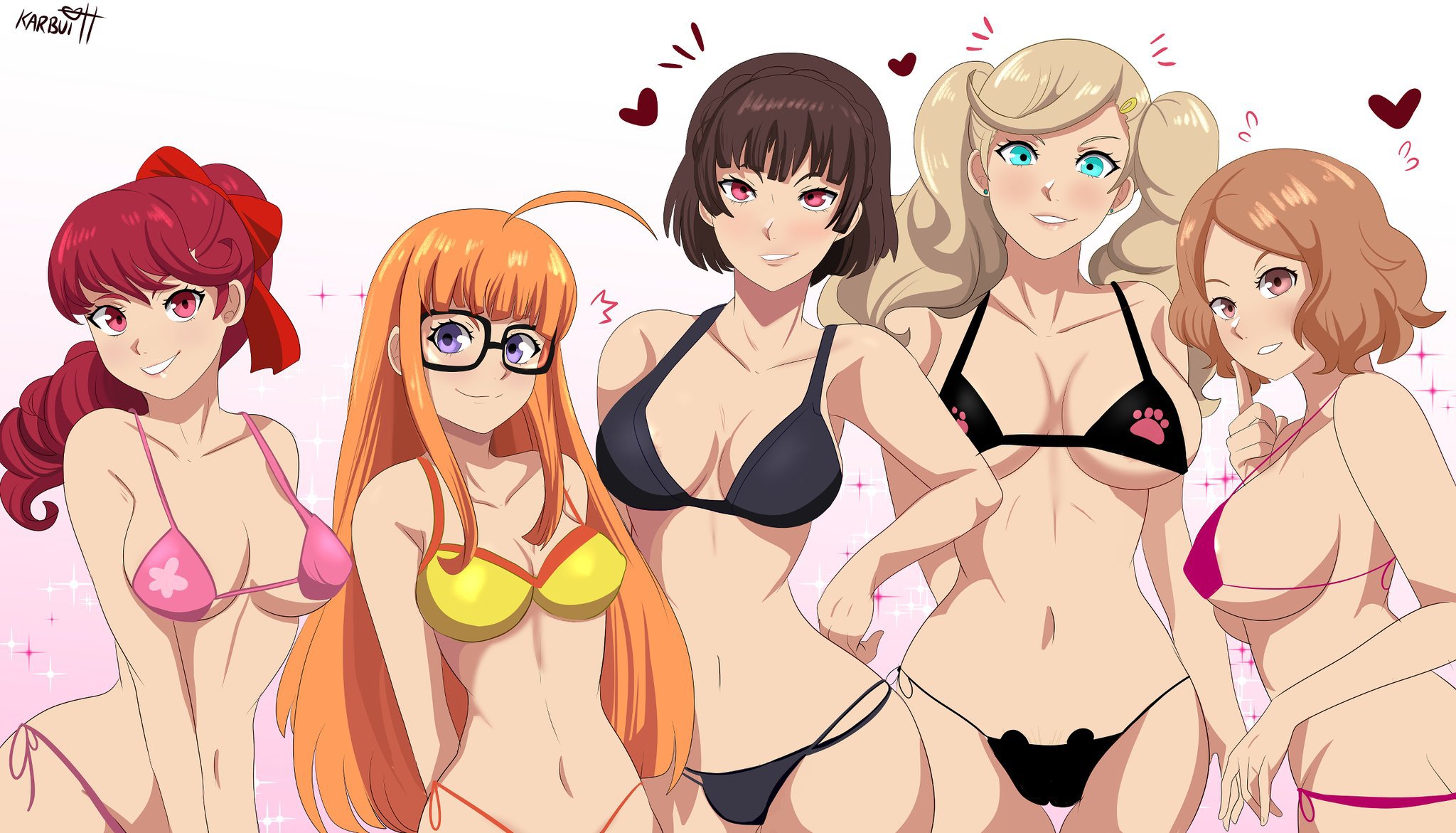 5girls, alternate breast size, ann takamaki, bikini, haru okumura, karbuitt, kasumi yoshizawa, large breasts, makoto niijima, multiple girls, persona, persona 5, sakura futaba, sumire yoshizawa