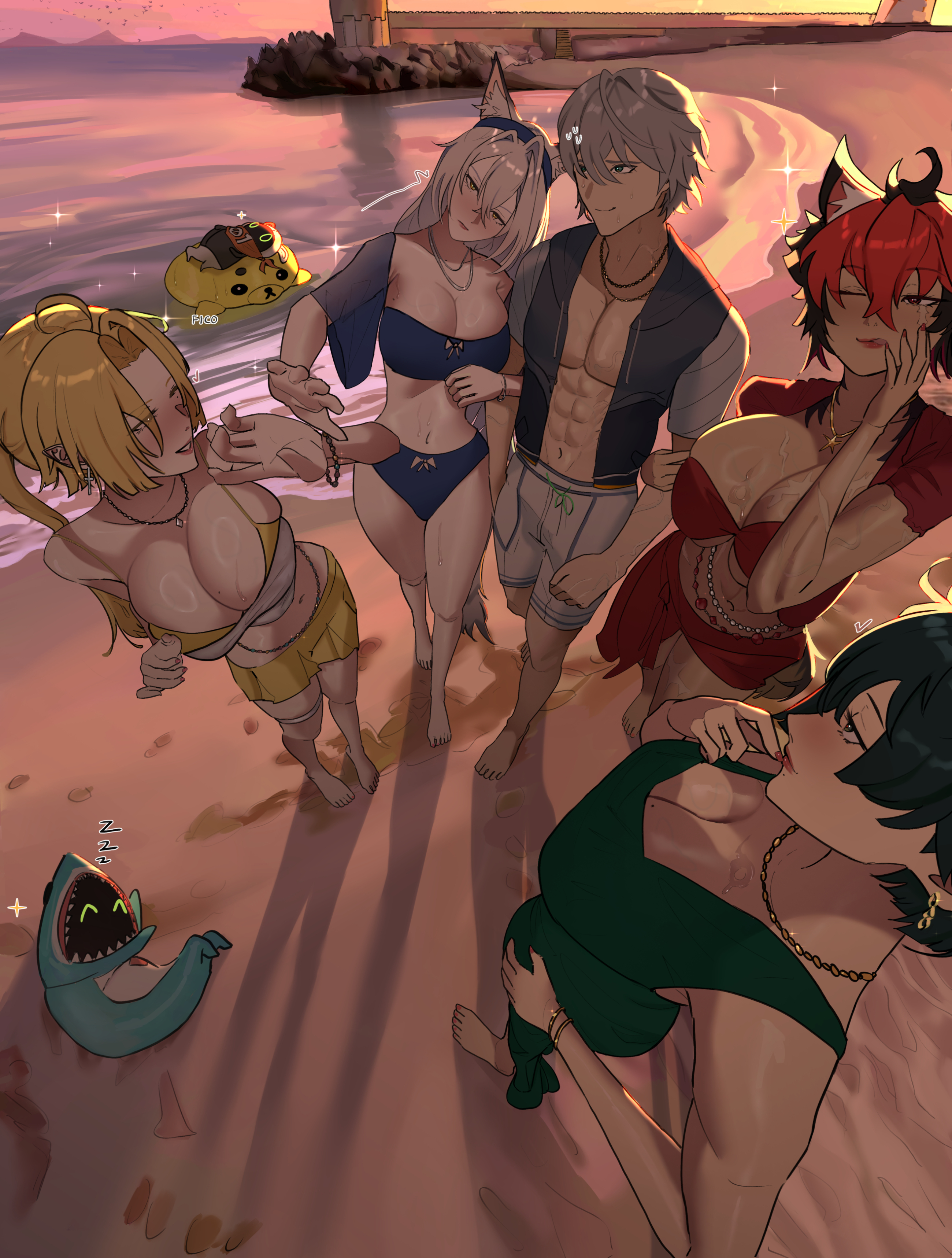 1boy, 4girls, asking for it, bangboo (zenless zone zero), beach, before sex, big breasts, cat ears, cat tail, catgirl, chilling, color, dog ears, dog girl, dog tail, drawing, eous (zenless zone zero), fat ass, ficoemirrio, fit, fit female, genderswap, holding, horny female, hugo vlad, imminent sex, jealous, jealous female, komano manato, lighter (zenless zone zero), mihoyo, muscular, official alternate costume, pointy ears, scars, seaside, seth lowell, sharkboo (zenless zone zero), shore, straight, summer, sweat, tail, taller female, thick thighs, thiren, tongue, tongue out, wise (peaceful waves) (zenless zone zero), wise (zenless zone zero), zenless zone zero