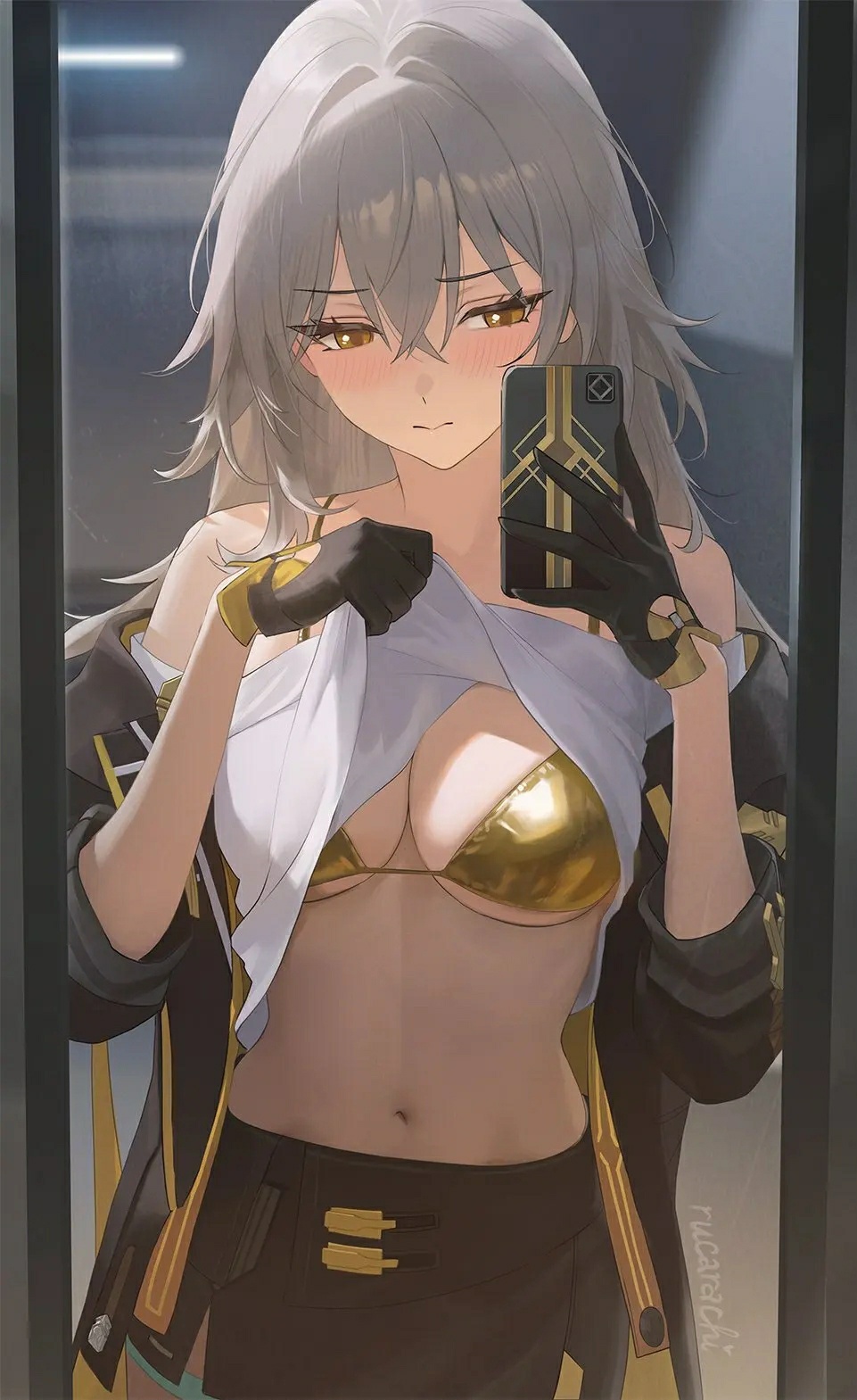 1girl, cellphone, golden bikini, honkai (series), honkai: star rail, long hair, mirror selfie, phone, rucarachi, shirt lift, smartphone, stelle (honkai: star rail)