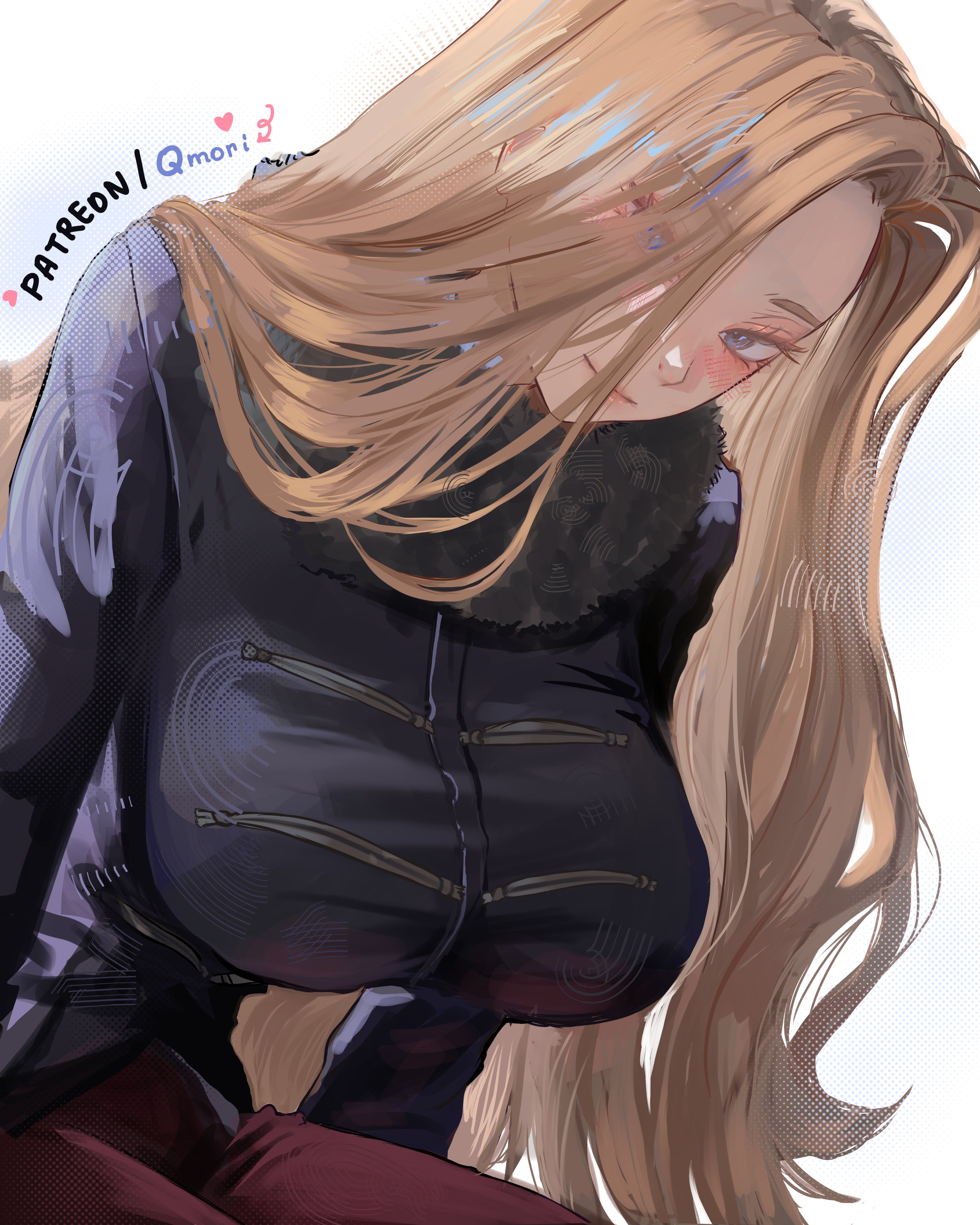 1girl, 1girls, absurd res, artist request, blonde hair, blush, breasts, closed mouth, coat, curtained hair, female, female focus, fur collar, fur trim, fur-trimmed coat, hair over one eye, highres, long hair, looking at viewer, methode (sousou no frieren), pants, parted bangs, purple eyes, red pants, simple background, sitting, smile, solo, solo female, sousou no frieren, very long hair, white background