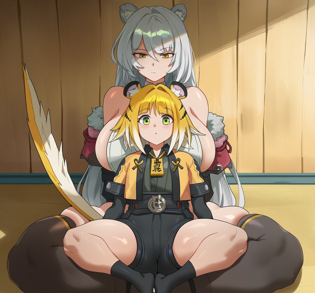 1girls, 2girls, curvy, ju fufu, mature female, sitting on lap, sitting on person, tiger tail, yixuan (zenless zone zero), zenless zone zero