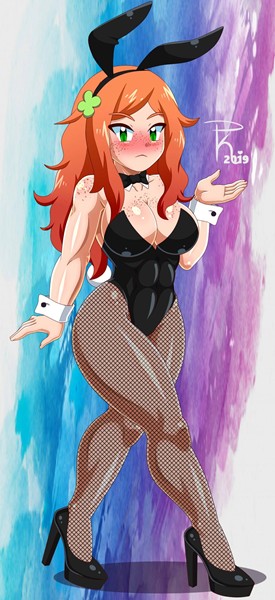 1girls, 2019, 4chan, abs, big breasts, black bowtie, black high heels, blush, blushing, bowtie, breasts, bunny ears, bunny girl, bunny tail, bunnysuit, busty, cleavage, clothing, curvy, dated, detached collar, detached sleeves, eyebrows visible through hair, fake animal ears, fake tail, female, female only, fishnets, fit, fit female, freckles, fully clothed, green eyes, high heels, huge breasts, large breasts, long hair, looking at viewer, messy hair, muscles, muscular, muscular female, navel, orange hair, pk-studios, rabbit ears, rabbit tail, sexually suggestive, shiny hair, shiny skin, signature, solo, standing, tail, thick thighs, vivian james, voluptuous, wide hips