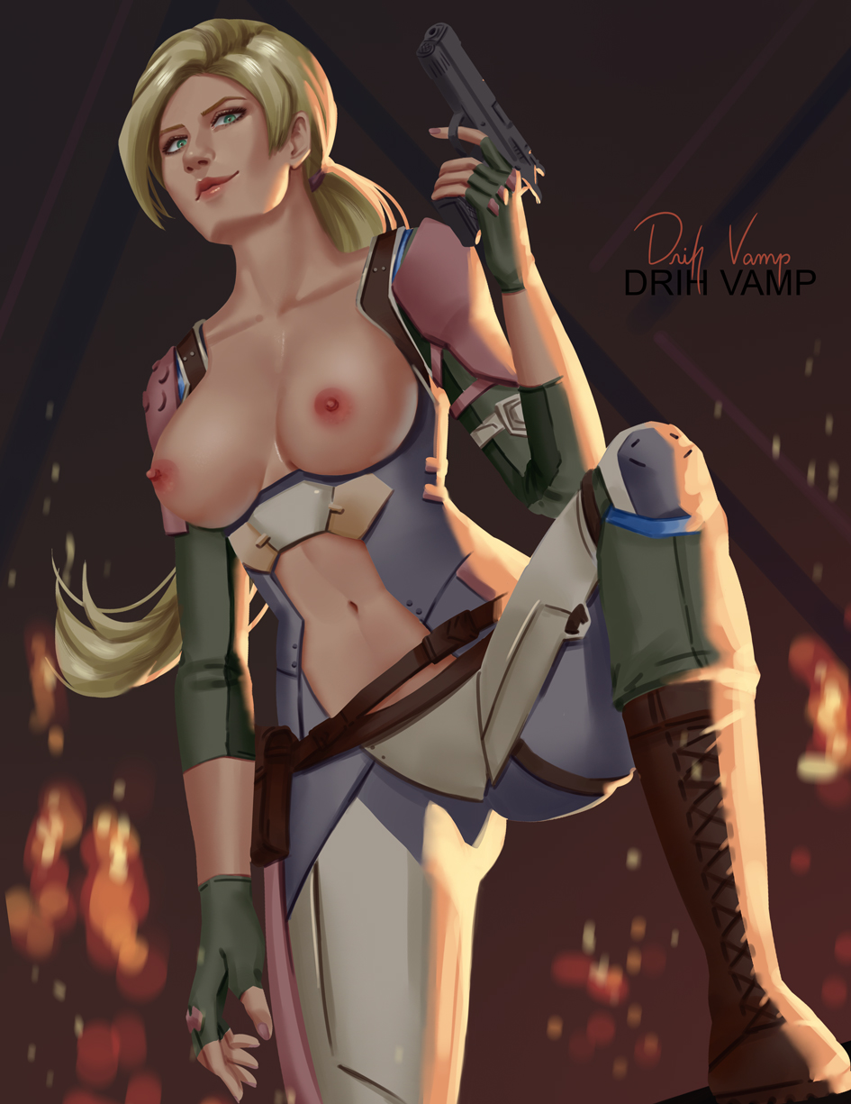 1girls, 2d, blonde hair, breasts, cassie cage, drihvamp, female, female only, green eyes, gun, half naked, half nude, half-dressed, mortal kombat, mortal kombat 11, pinup, solo, topless