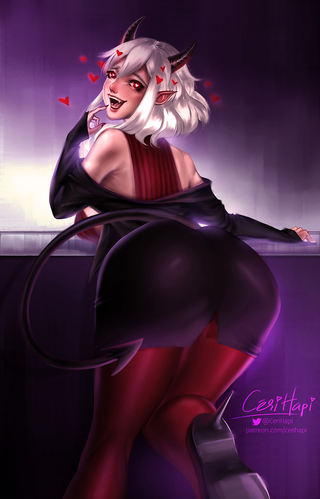 black horn, blush, cerihapi, clothed, clothing, demon, demon girl, demon tail, female, formal, heart, helltaker, high heels, horns, looking at viewer, looking back, modeus (helltaker), straight hair, tail, white hair
