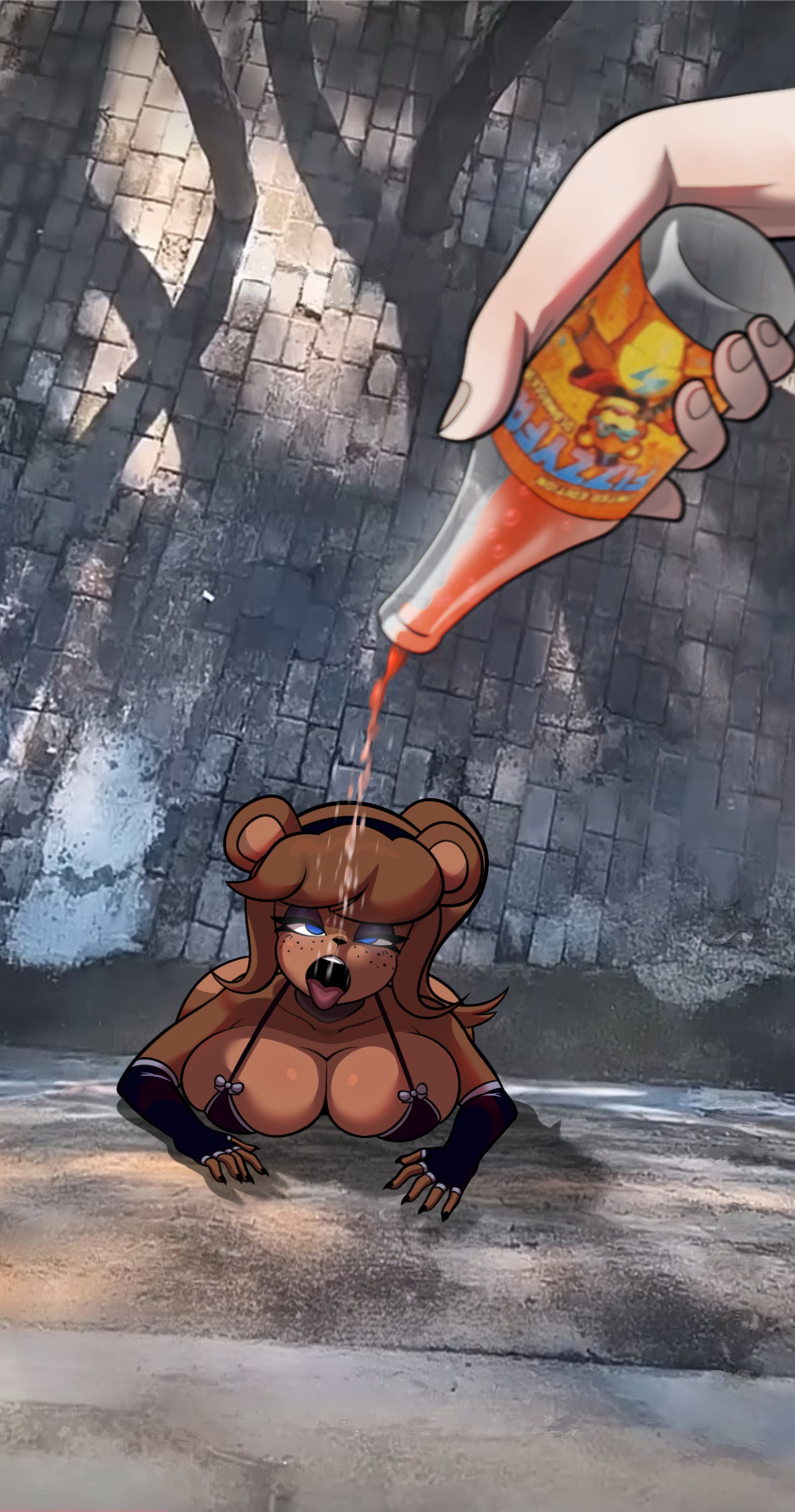 1girls, absurd res, anthro, armwear, big breasts, blue eyes, breast squish, breasts, brown fur, cleavage, fazclaire's nightclub, female, five nights at freddy's, freddy (fnaf), fredina's nightclub, frenni (cryptia), frenni (cryptiacurves), frenni fazclaire, furry, hi res, human, large breasts, open mouth, scottgames, spunkindx