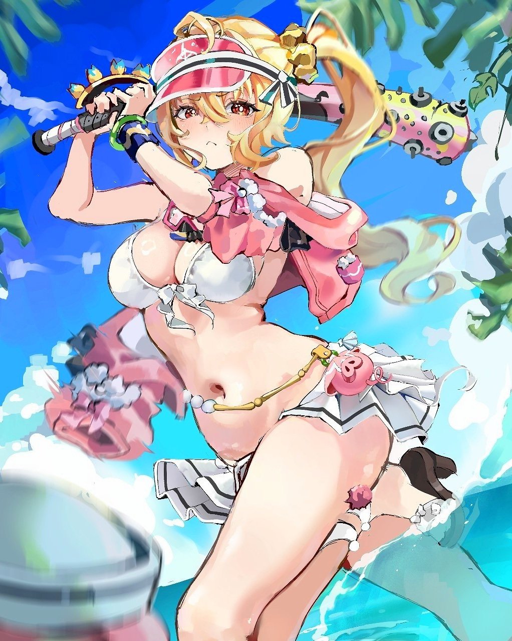 1girl baseball_bat bikini bikini_skirt blonde_hair blue_sky blush bracelet breasts closed_mouth commentary crossed_bangs diving_mask goggles hair_between_eyes hair_ornament hair_scrunchie highres holding holding_baseball_bat jacket jacket_partially_removed jewelry long_hair looking_at_viewer luciana_de_montefio luciana_de_montefio_(princess_on_holiday) lucy's_crew_(zenless_zone_zero) medium_breasts metal_baseball_bat navel official_alternate_costume outdoors pig pink_jacket pink_visor_cap red_eyes scrunchie side_ponytail skirt sky swimsuit untranslatable_commentary visor_cap wading water white_bikini white_skirt zenless_zone_zero
