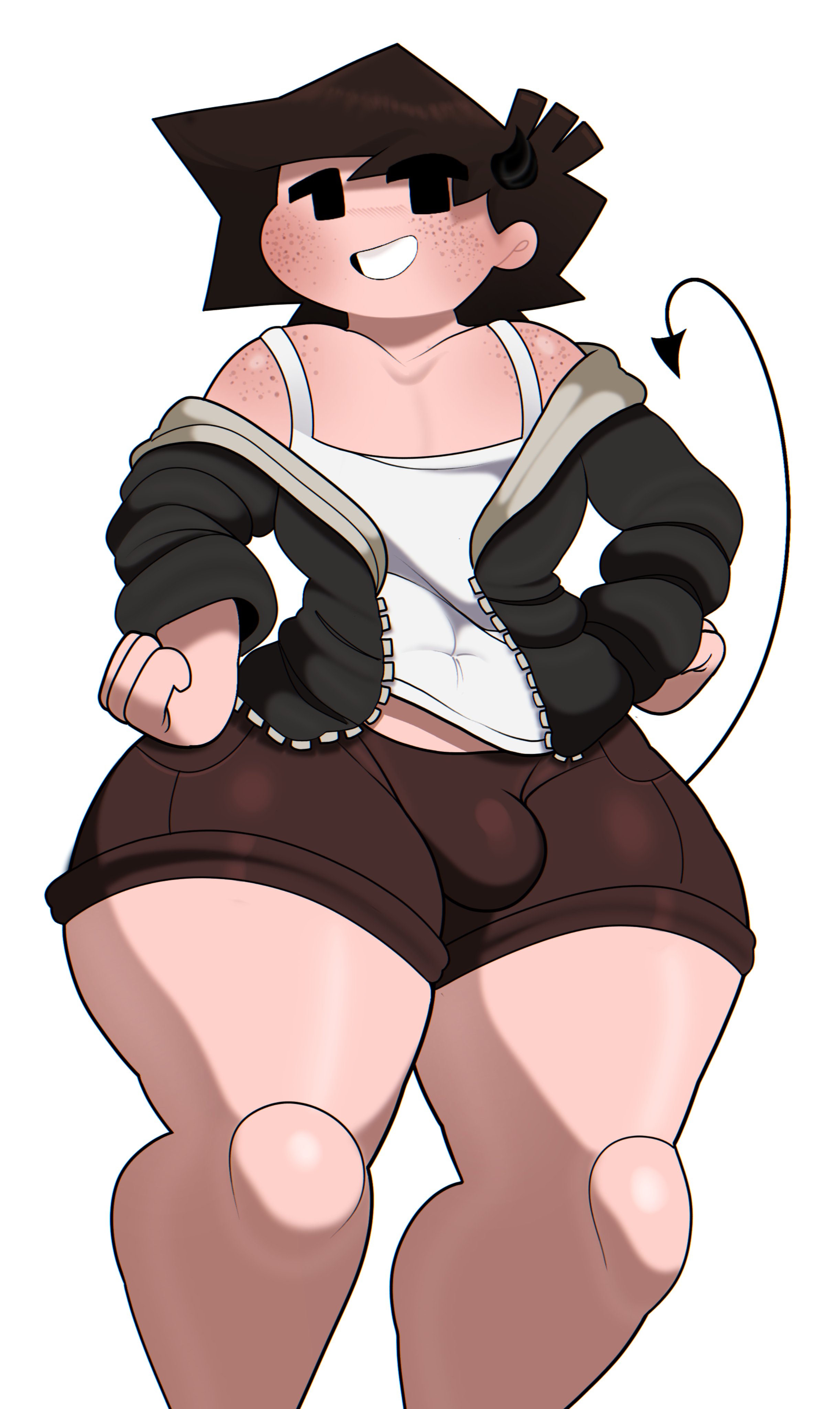 1boy, big ass, bulge, bulge through clothing, dani (danielito), danielito, demon boy, demon horns, demon tail, fat ass, femboy, femboy only, freckles, freckles on face, huge ass, lprs, original, original character, simple background, tagme, thicc, thick legs, thick thighs