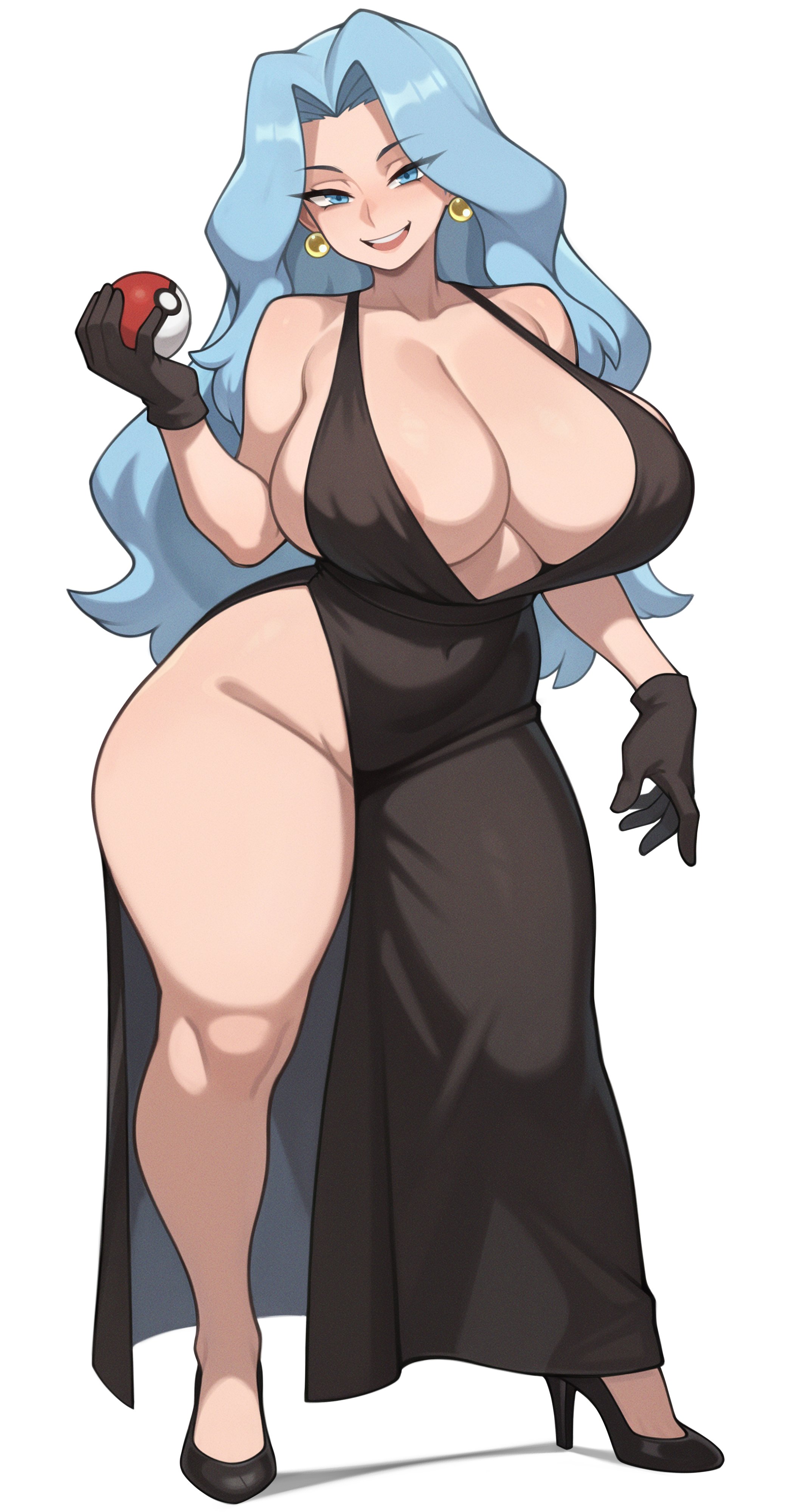 1girls, 2d, black dress, blue hair, breasts, breasts bigger than head, clothed, clothed female, dress, female, female only, front view, game freak, karen (pokemon), light skin, light-skinned female, melonpuff, nintendo, pokemon, pokemon gsc, pokemon hgss, solo, solo female, tagme, thighs