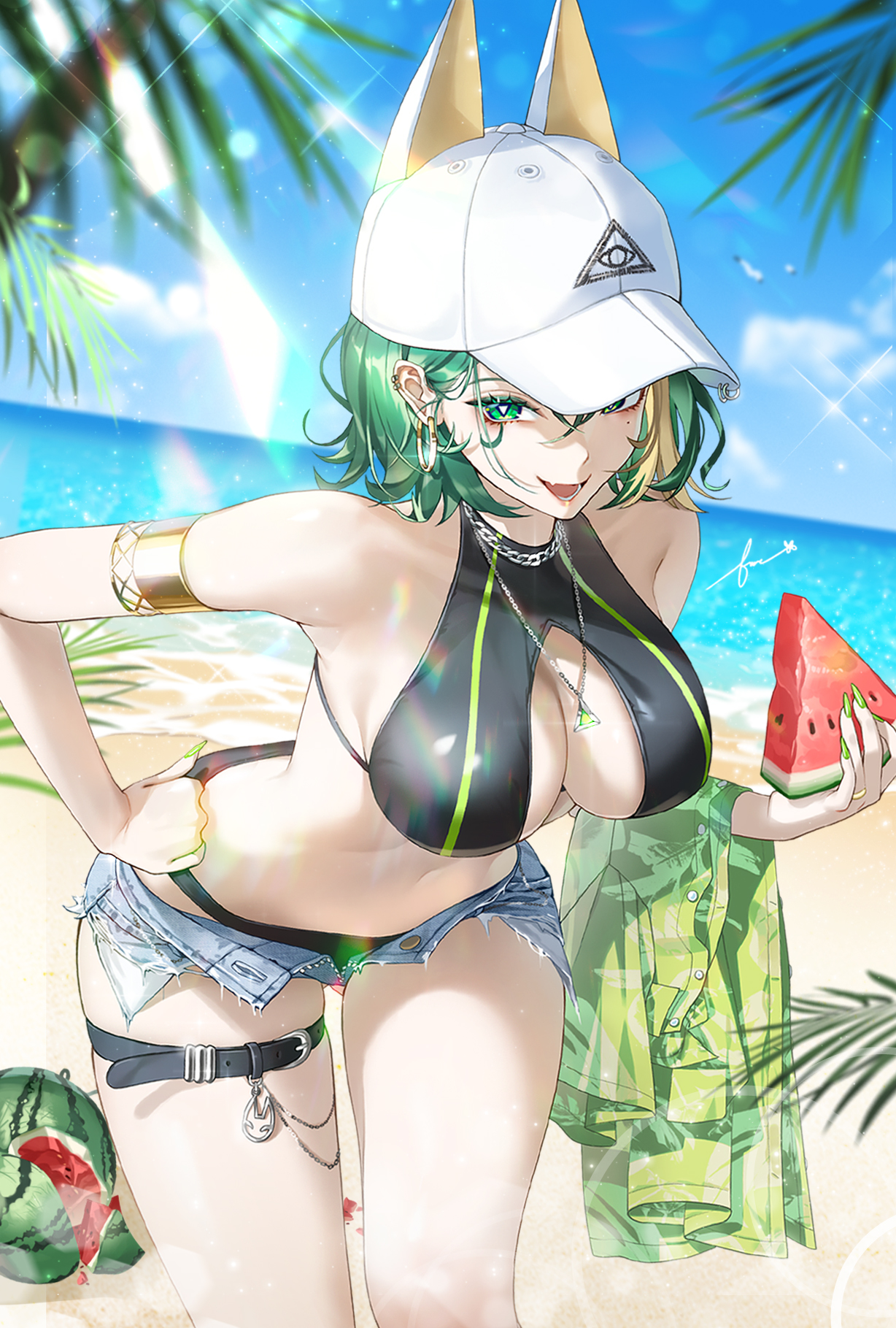1girl, 1girls, artist request, beach, belt, blue sky, cutoffs, day, earrings, female, female focus, food, fruit, genshin impact, hat, highres, hoop earrings, large breasts, leaning forward, midriff, mole, mole under eye, nefer (genshin impact), ocean, open mouth, outdoors, shirt, sky, solo, solo female, tattoo, thigh belt, thigh strap, unworn shirt, watermelon slice, white hat