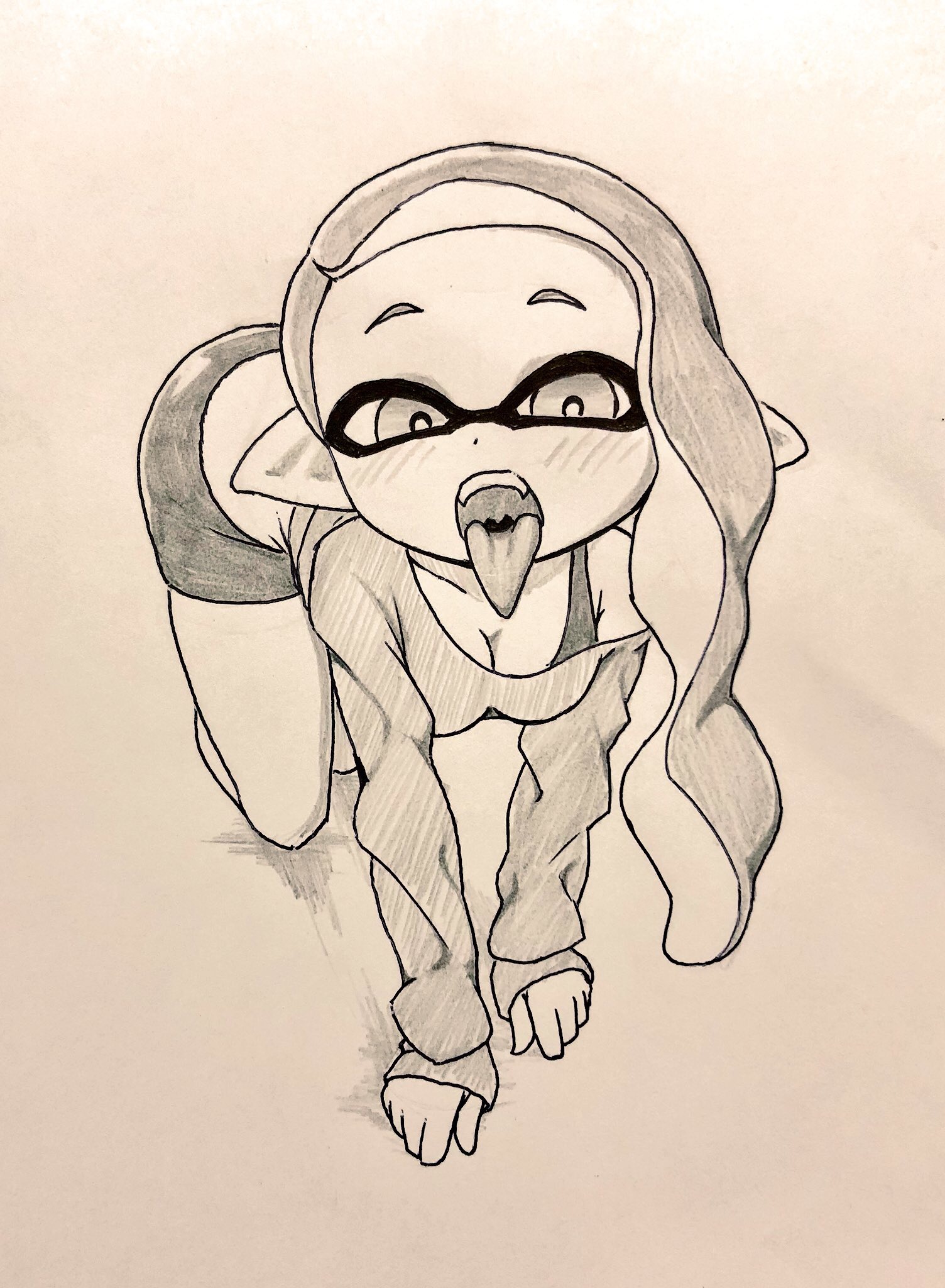bent over, bike shorts, blush, bra, breasts, cleavage, female, hair, inkling, inkling girl, kneeling, looking at viewer, looking up, medium breasts, monochrome, nintendo, nobunagapero, peronattu, sketch, splatoon, splatoon 2, sweater, tentacle, thighs, tongue, tongue out