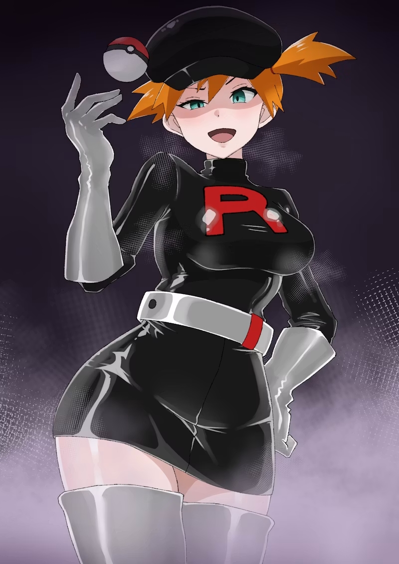 1girl, asymmetrical hair, belt, black clothing, black dress, boots, breasts, cosplay, dress, gloves, green eyes, grey belt, grey gloves, hand on own hip, hand up, hat, kasumi (pokemon), looking at viewer, misty (pokemon), newsboy cap, nintendo, open mouth, orange hair, poke ball, poke ball (basic), pokemon, pokemon (anime), pokemon (classic anime), ponytail, portrait, shiny clothes, short dress, short hair, side ponytail, smile, solo, team rocket, team rocket uniform, thigh boots, thighhighs, thighs, tongue, zettai ryouiki