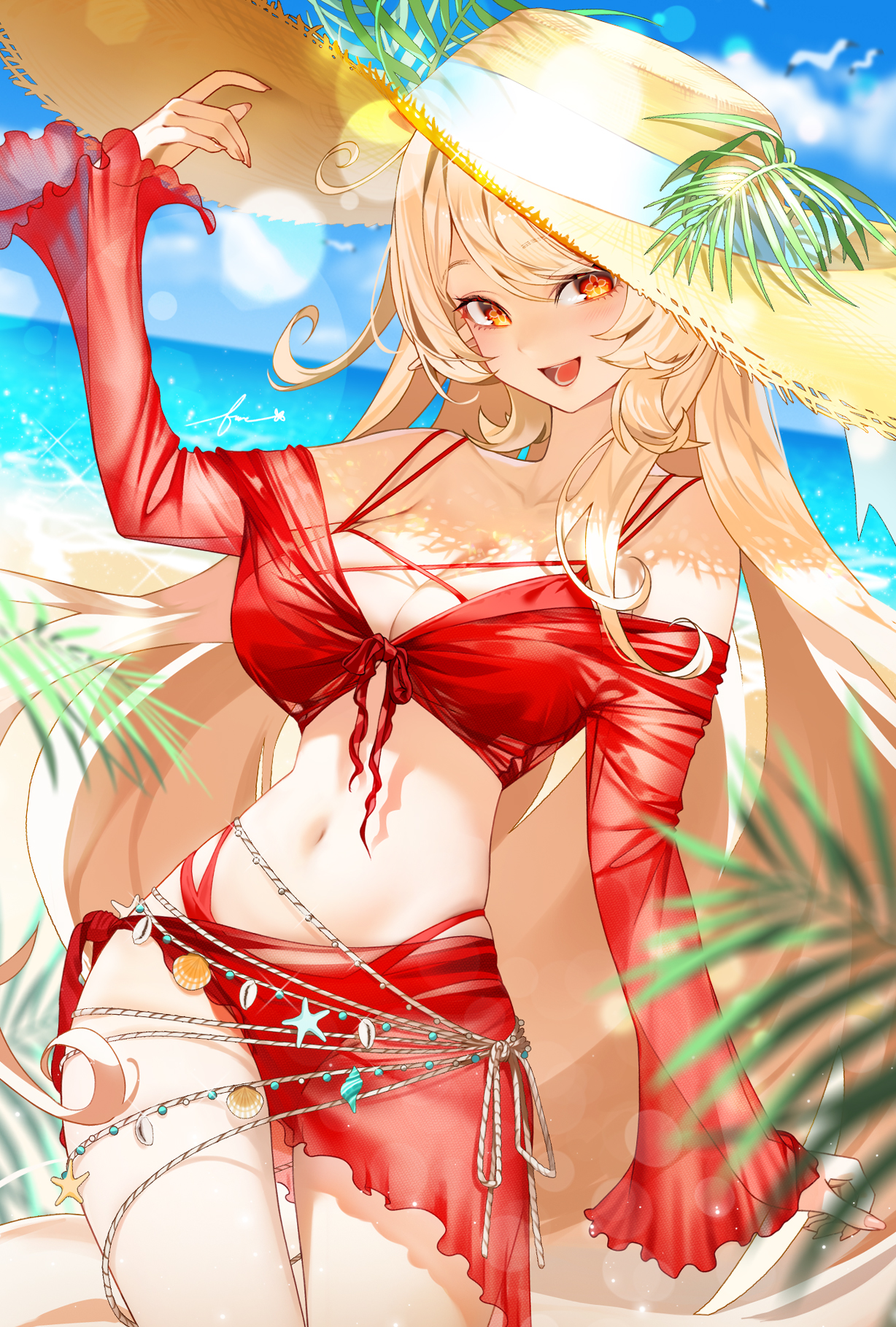 1girls, alice (genshin impact), artist request, beach, bikini, day, elf, female, female focus, genshin impact, hat, highres, looking at viewer, navel, ocean, open mouth, outdoors, pointy ears, sarong, sky, solo, solo female, stomach, straw hat, swimsuit