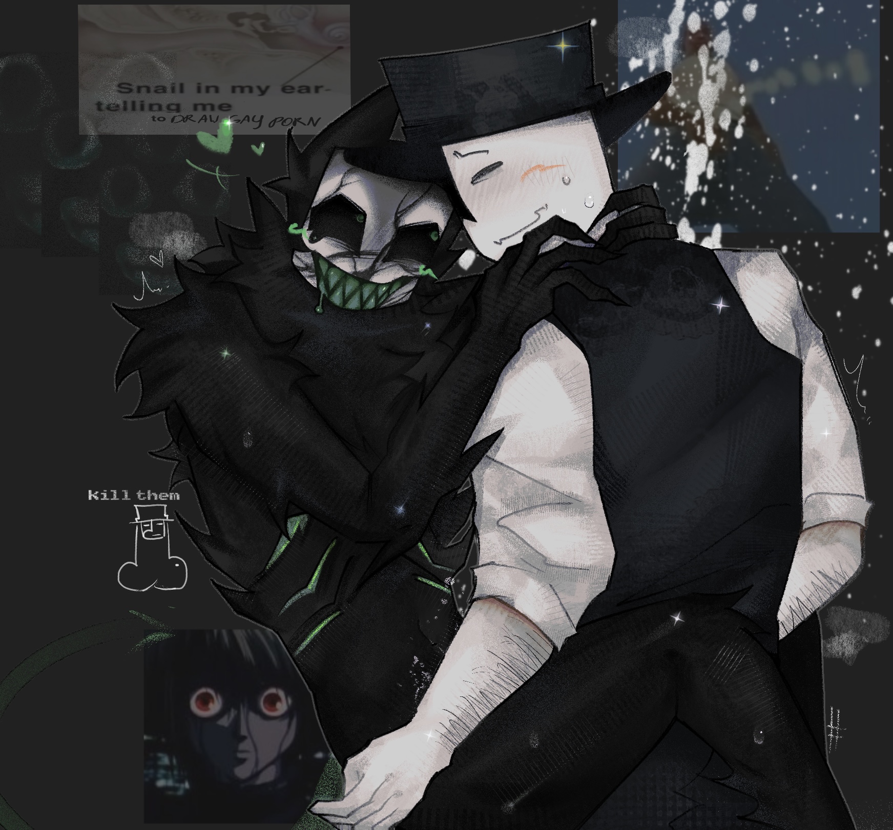 1boy, artful (die of death), blush, die of death (roblox), interspecies, male, meme in the background, monster, pursuer (die of death), roblox, roblox game, robloxian, self upload, tagme
