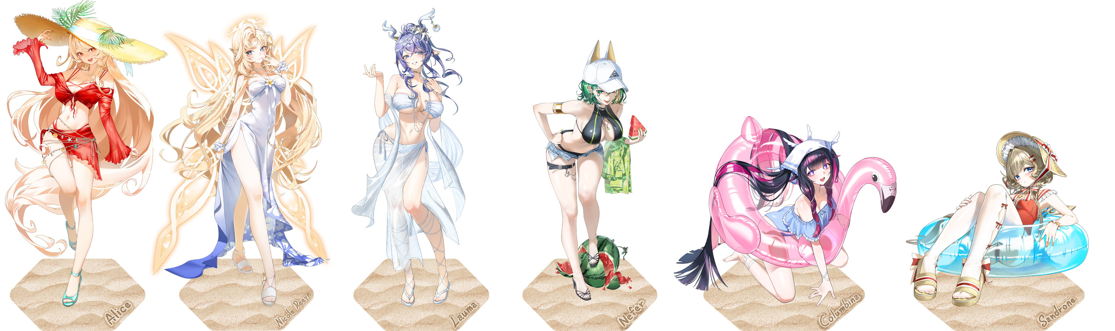 6+girls, absurd res, alice (genshin impact), antlers, armlet, artist request, beach, beads, belt, bikini, blonde hair, blue eyes, columbina (genshin impact), dress, earrings, elf, food, frilled cuffs, full body, genshin impact, hair up, highres, horns, innertube, jewelry, kneeling, large breasts, lauma (genshin impact), long hair, midriff, mole, mole under eye, necklave, nefer (genshin impact), nicole (genshin impact), nicole reeyn (genshin impact), sand, sandals, sandrone (genshin impact), sarong, sidelocks, smile, standing, stomach, strapless, sun hat, sundress, swim ring, swimsuit, tattoo, white bikini, white dress
