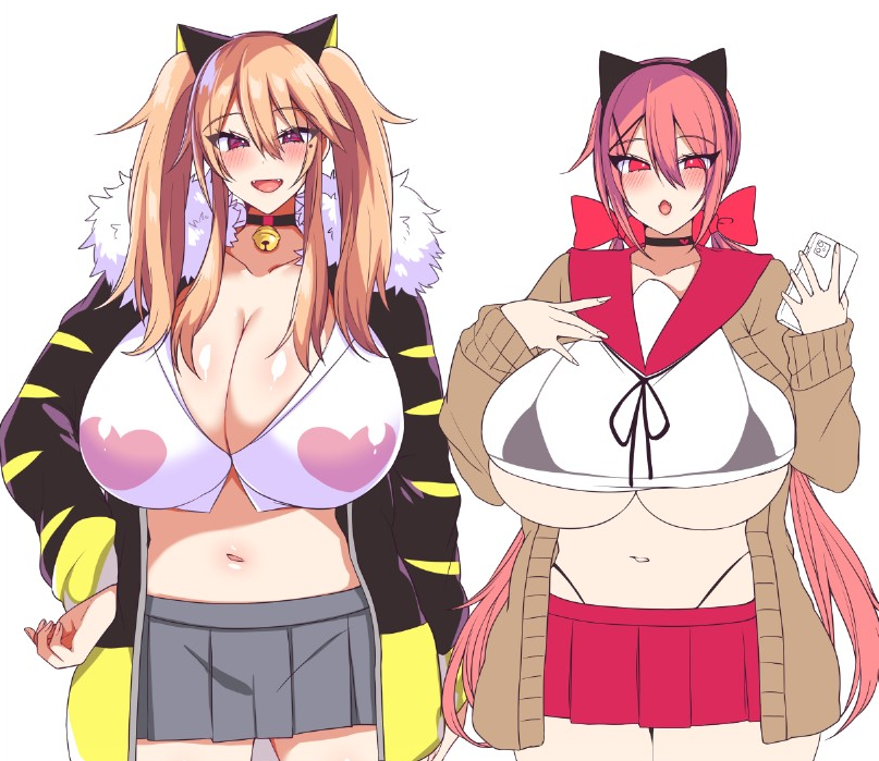 2girls big_breasts blonde_hair blush cat_ears choker cleavage curvy fangs huge_breasts kaenuco kojou_miyako looking_at_viewer mia_(kaenuco) miniskirt multiple_girls open_mouth original original_character pink_hair school_uniform schoolgirl tsumiki_(kaenuco) twintails